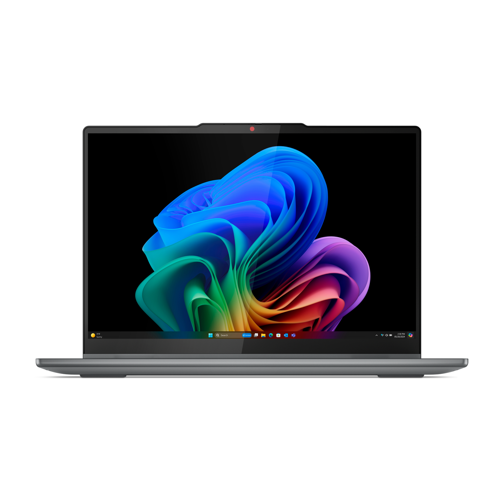 Ein offener Laptop mit buntem Wallpaper und Taskleiste.