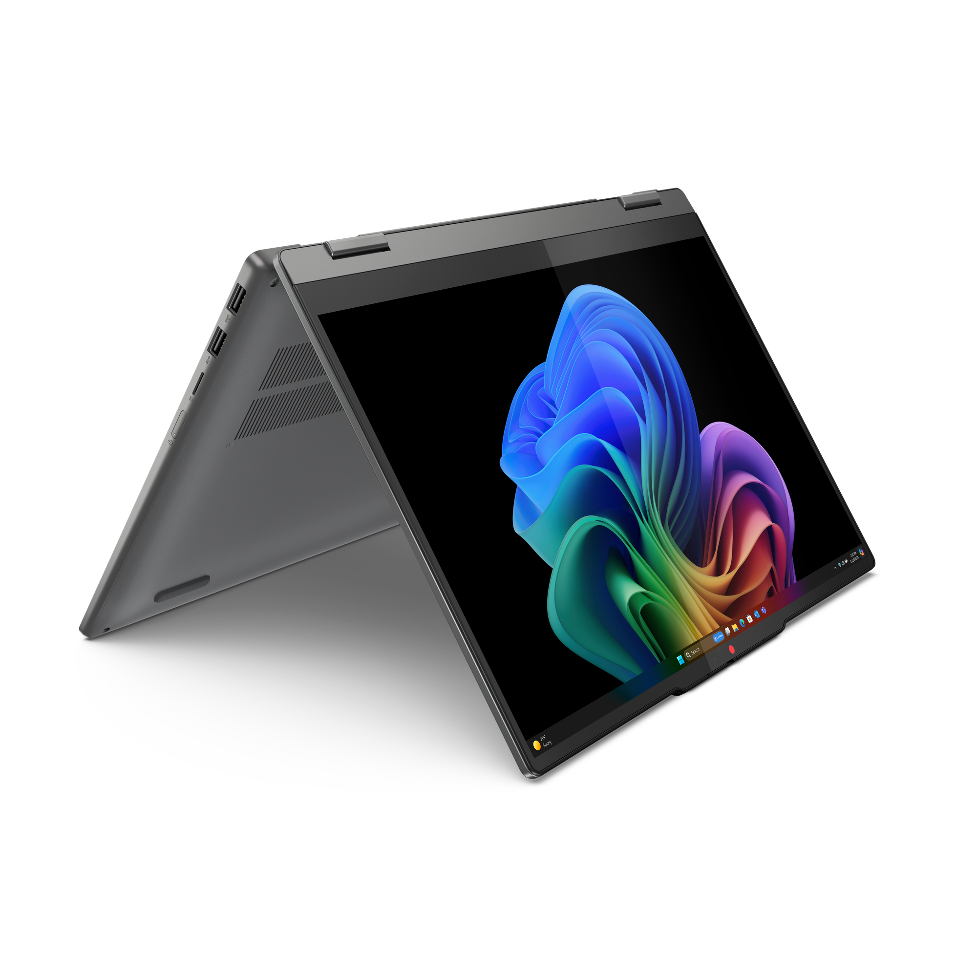 Ein graues Convertible-Notebook mit offenem Bildschirm, der ein buntes abstraktes Bild zeigt.