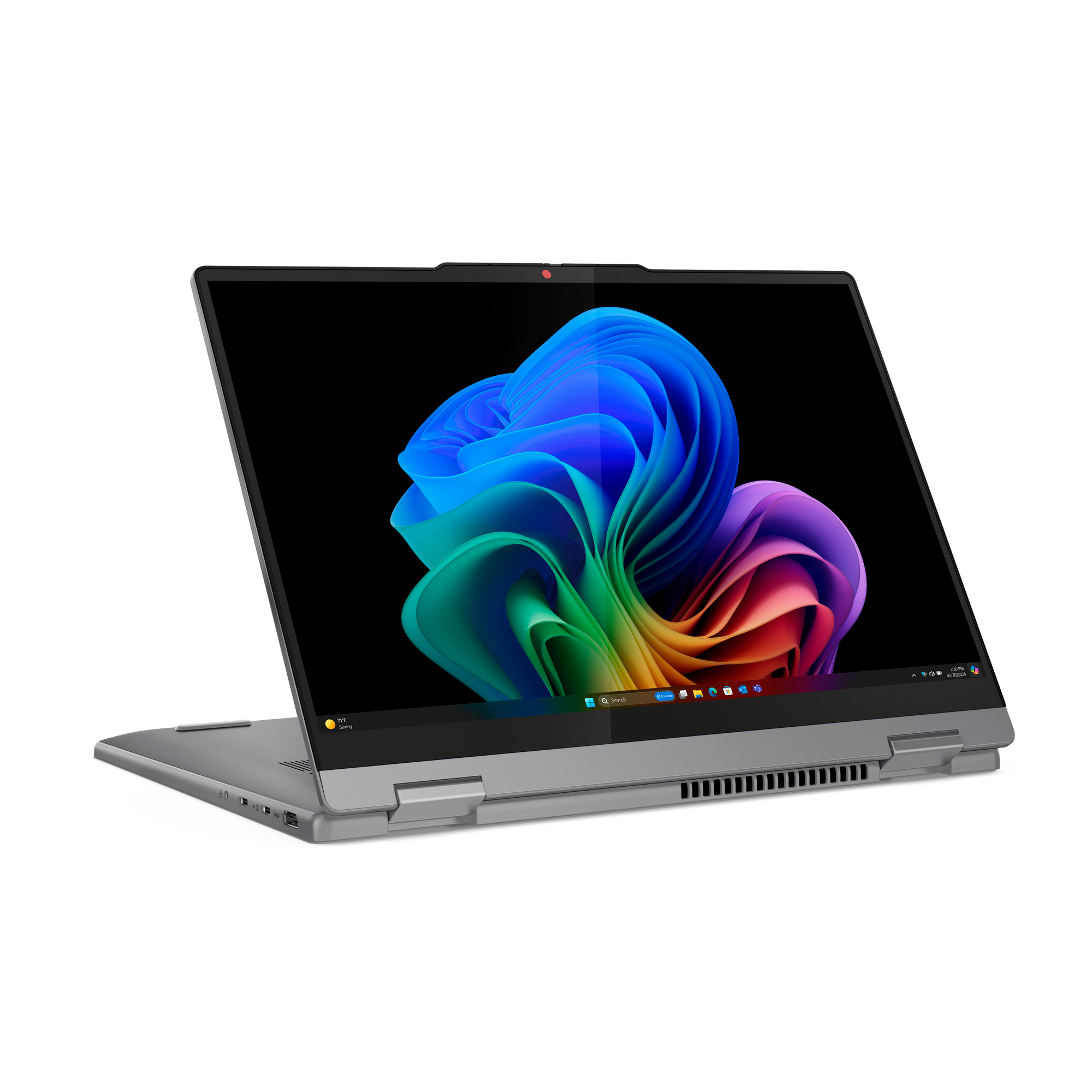 Grauer Laptop mit geöffnetem Bildschirm, der ein farbenfrohes abstraktes Hintergrundbild anzeigt.