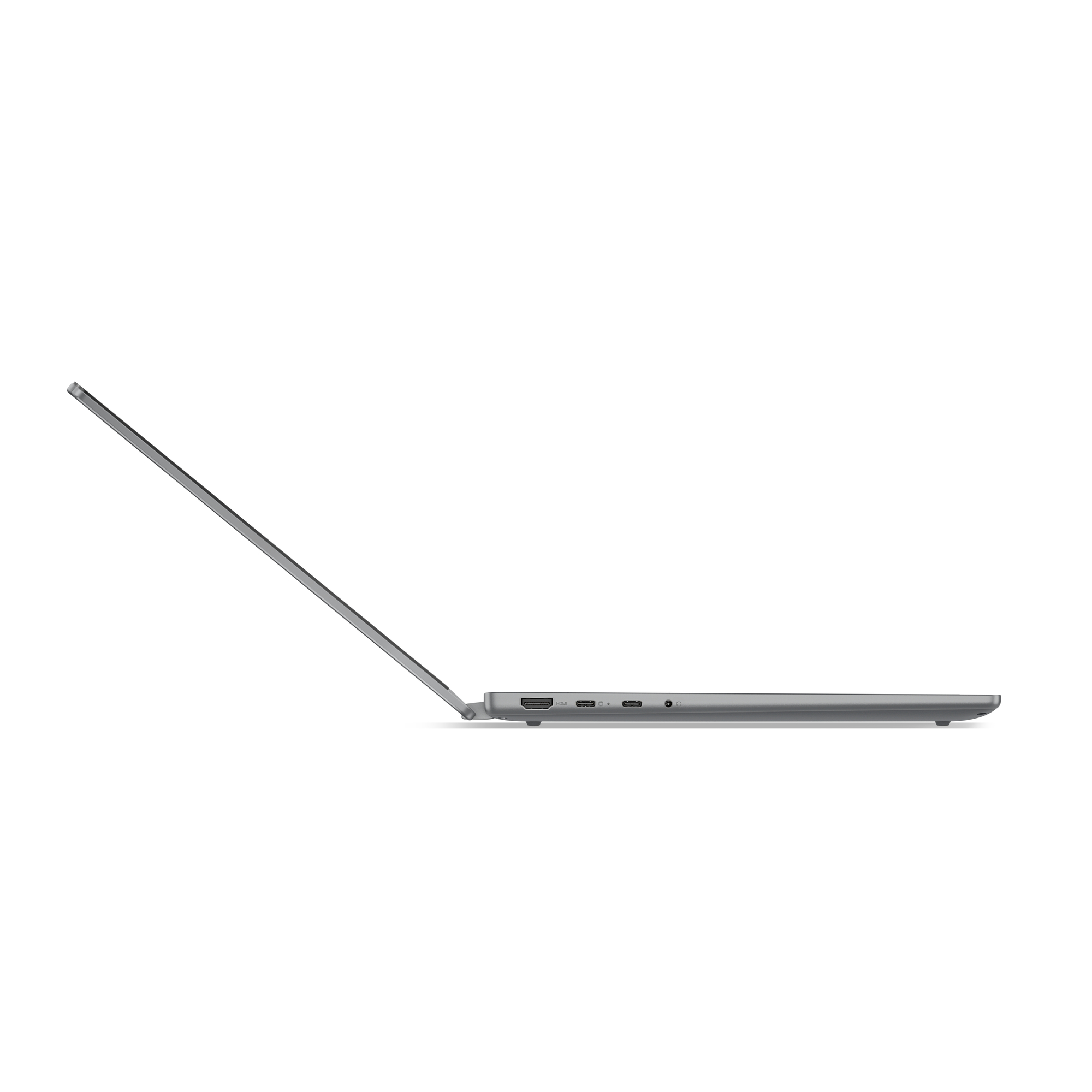 Graues Laptop-Profil mit geöffnetem Bildschirm und Anschlüssen an der Seite.