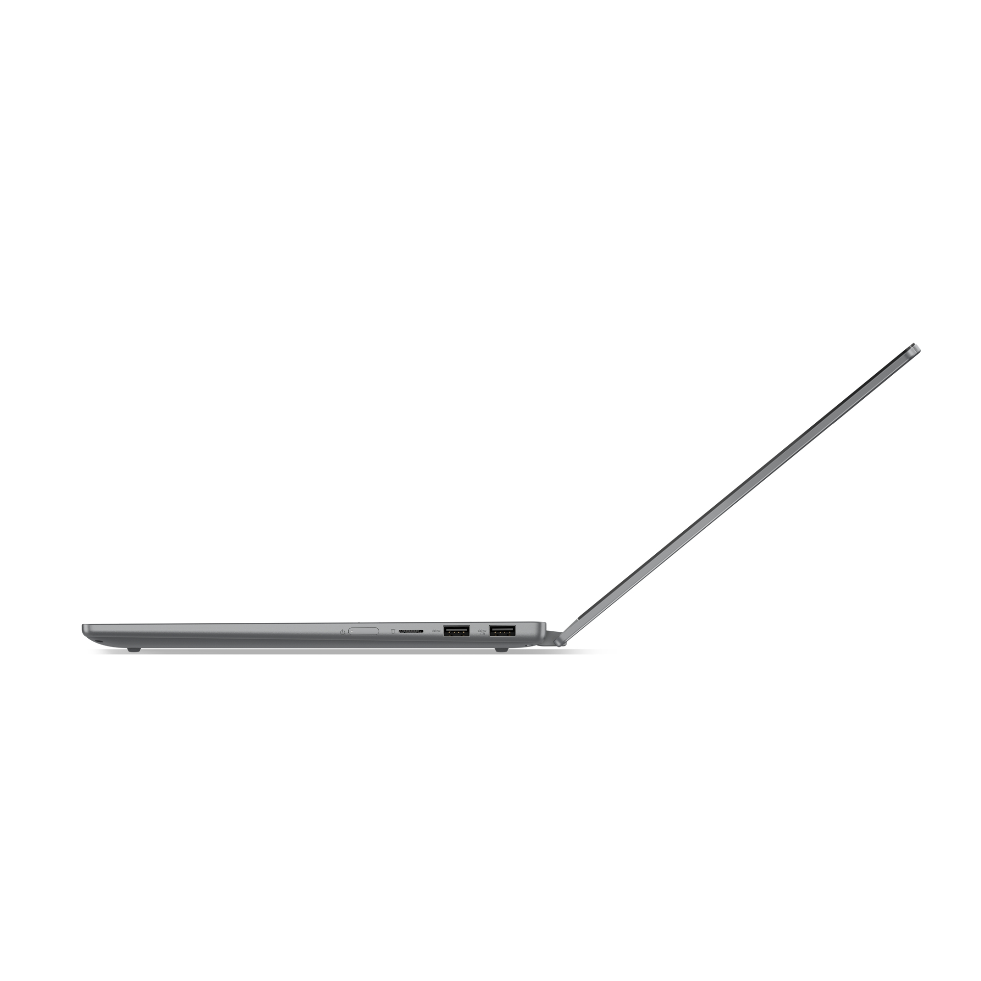 Graues Laptop-Profil mit geöffnetem Bildschirm und USB-Anschlüssen.