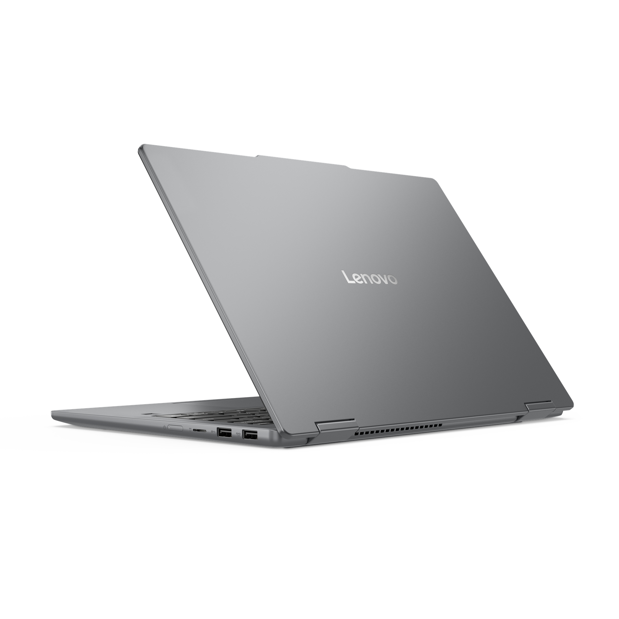 Ein silberner Laptop von Lenovo ist geöffnet, mit Blick auf die Rückseite.