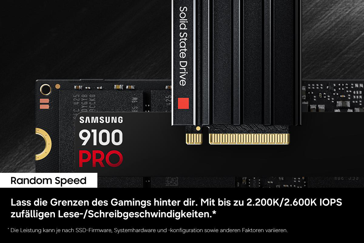 Samsung 9100 PRO SSD mit Kühlkörper. Text: Random Speed.