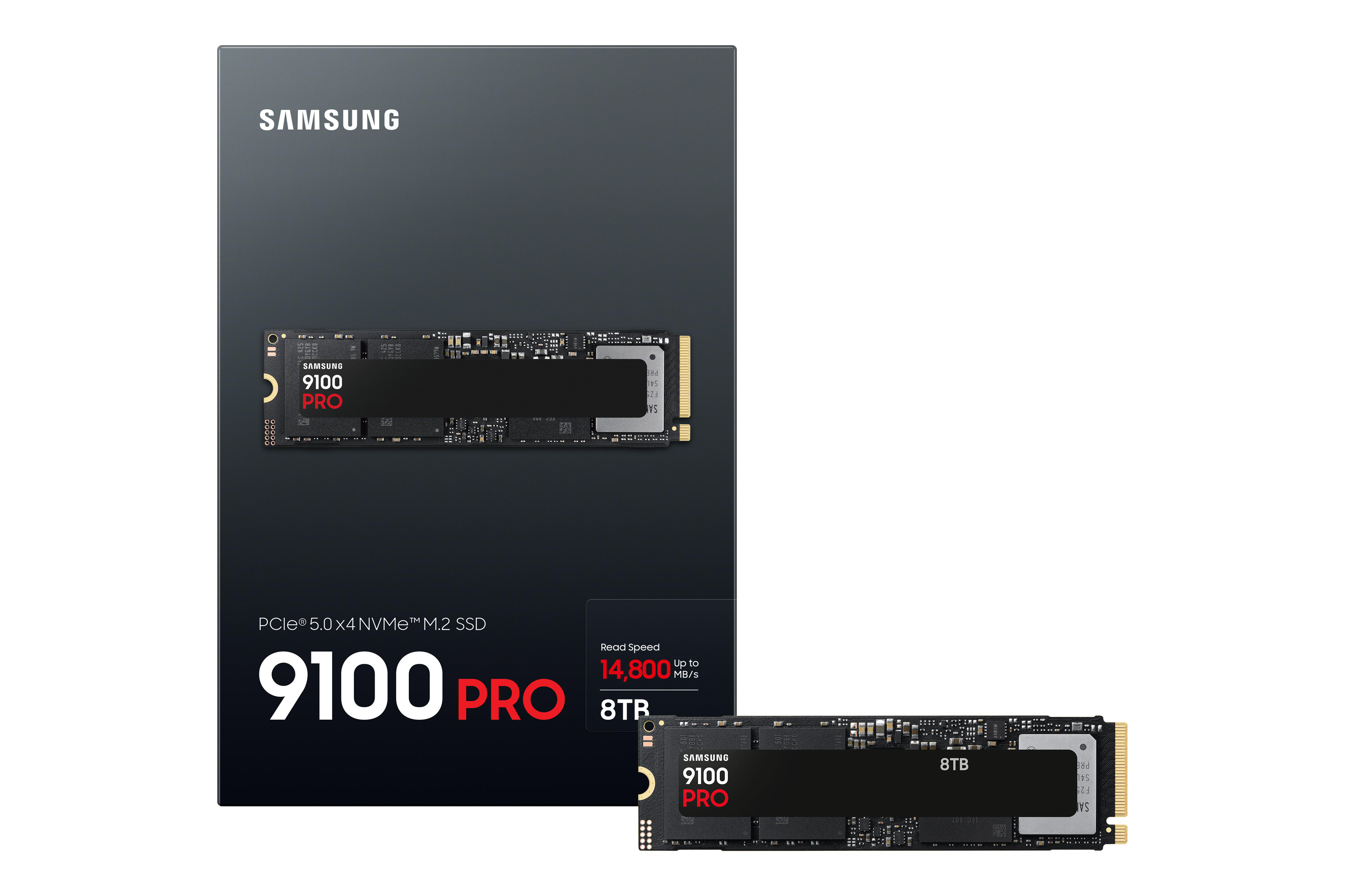 Samsung 9100 PRO 8TB M.2 SSD auf dunklem Hintergrund mit Spezifikationen.