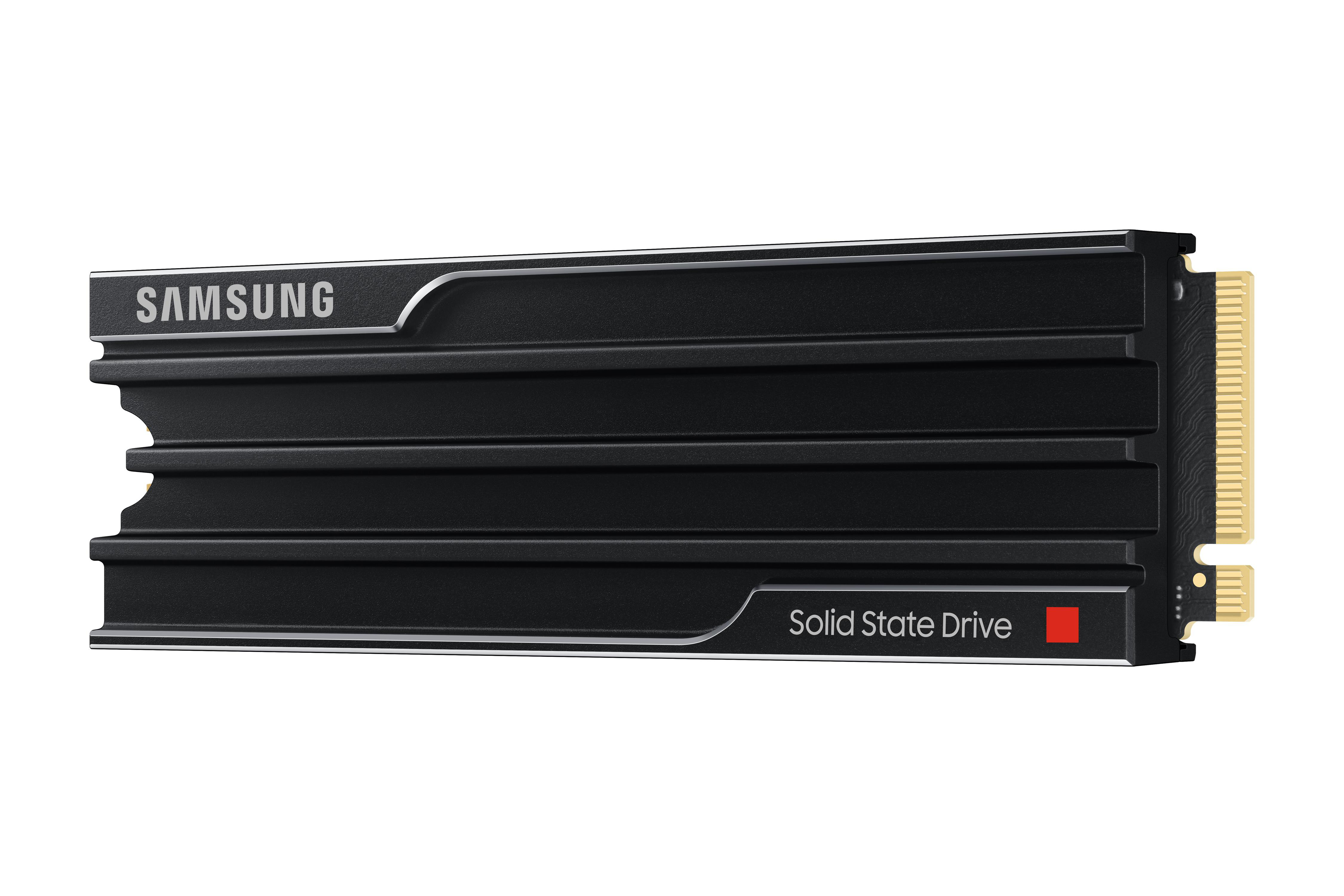 Schwarzer Samsung SSD-Speicherriegel mit Kühlkörper und goldenem Anschluss.