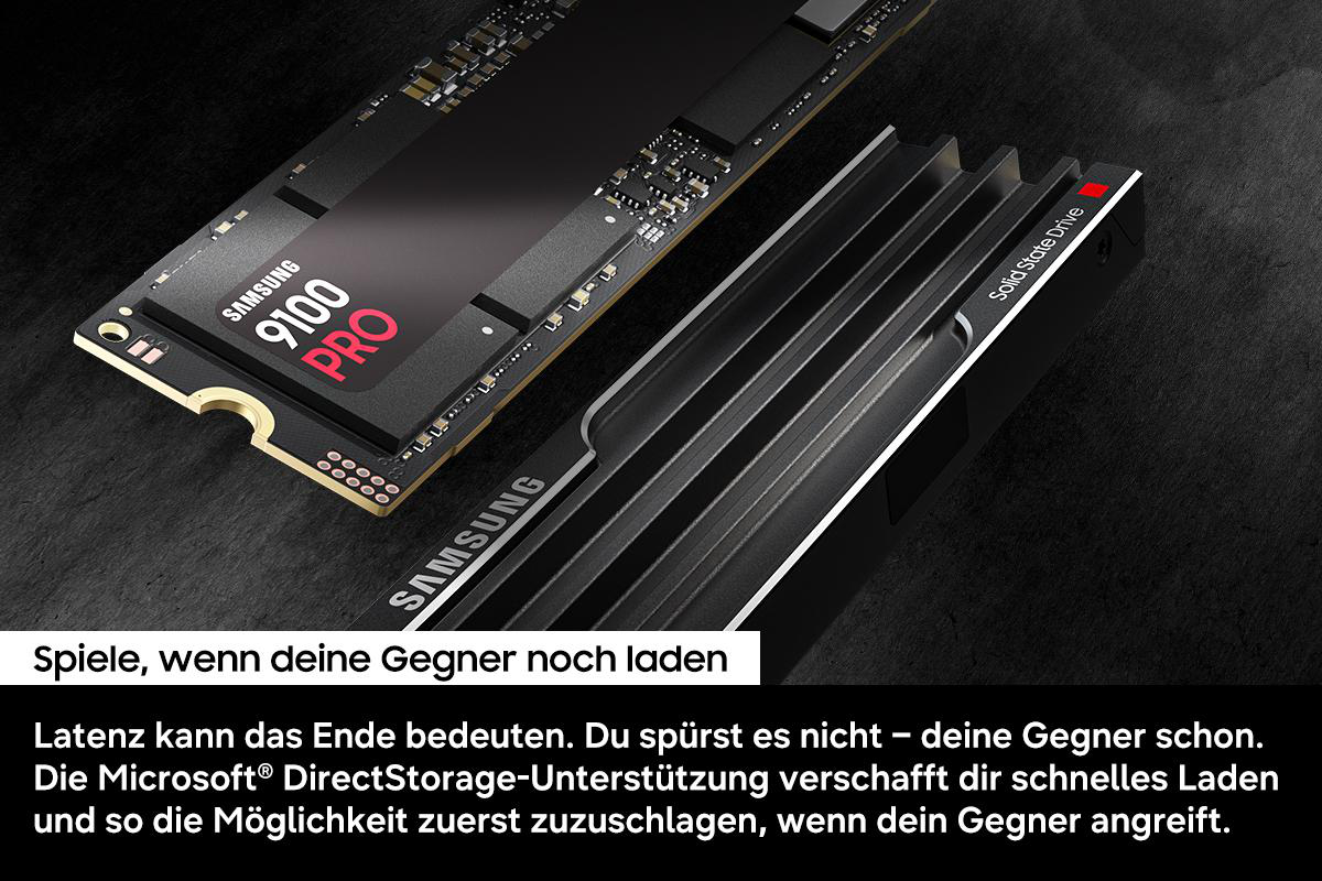 Samsung 9100 Pro SSD mit Kühlkörper auf dunklem Hintergrund.