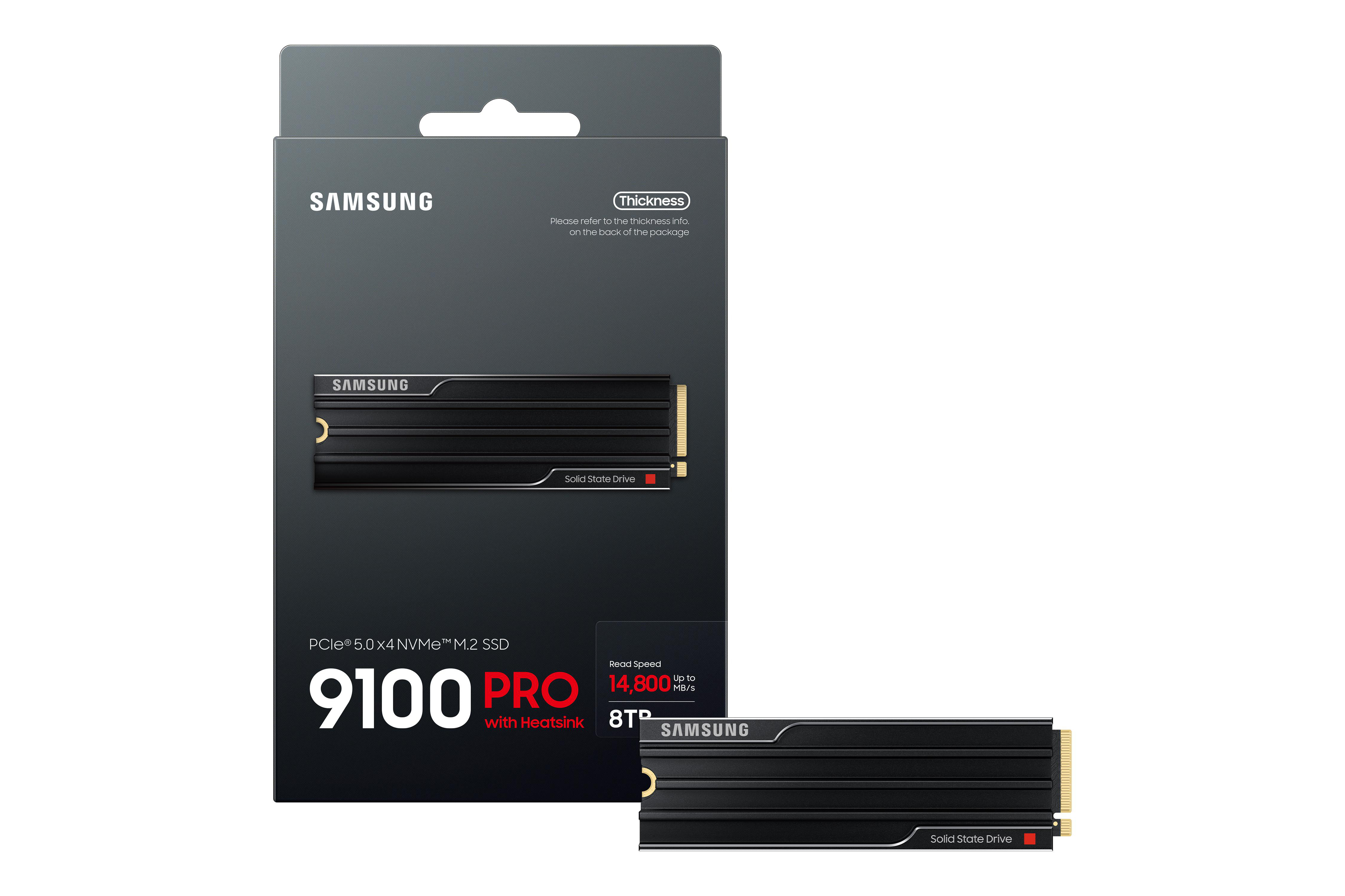 Samsung 9100 Pro 8TB SSD mit Kühlkörper und Verpackung.
