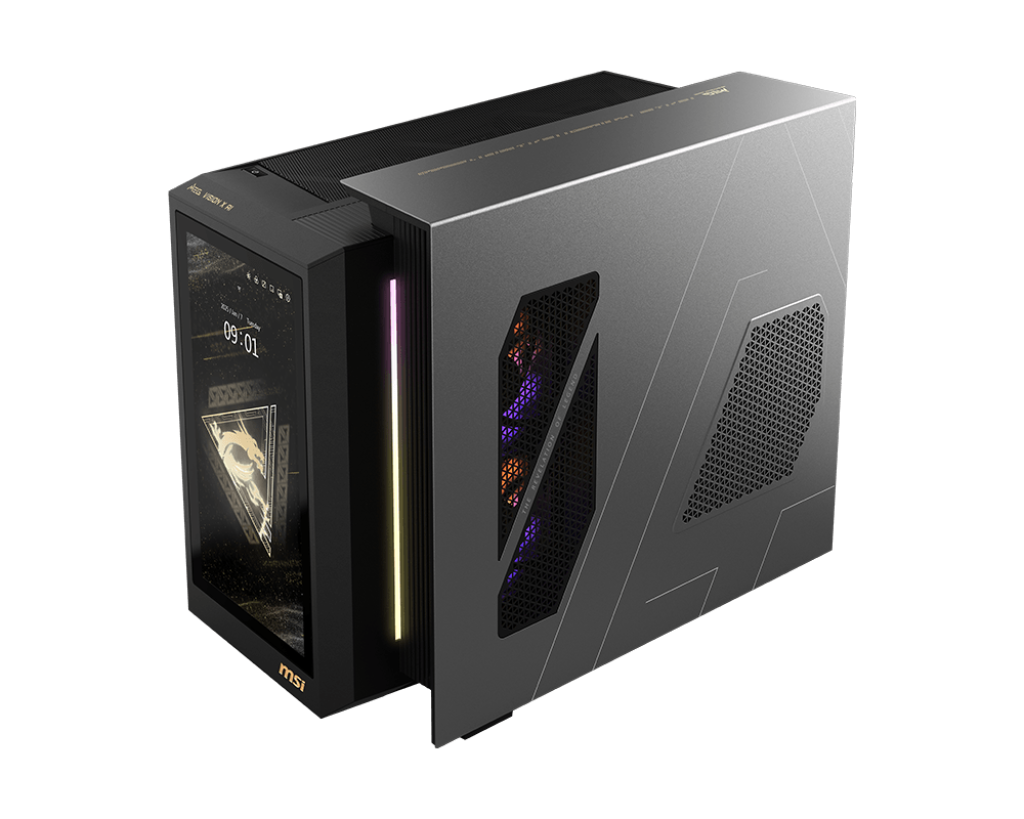 Een zwarte pc-behuizing met zijraam en geïntegreerd display.