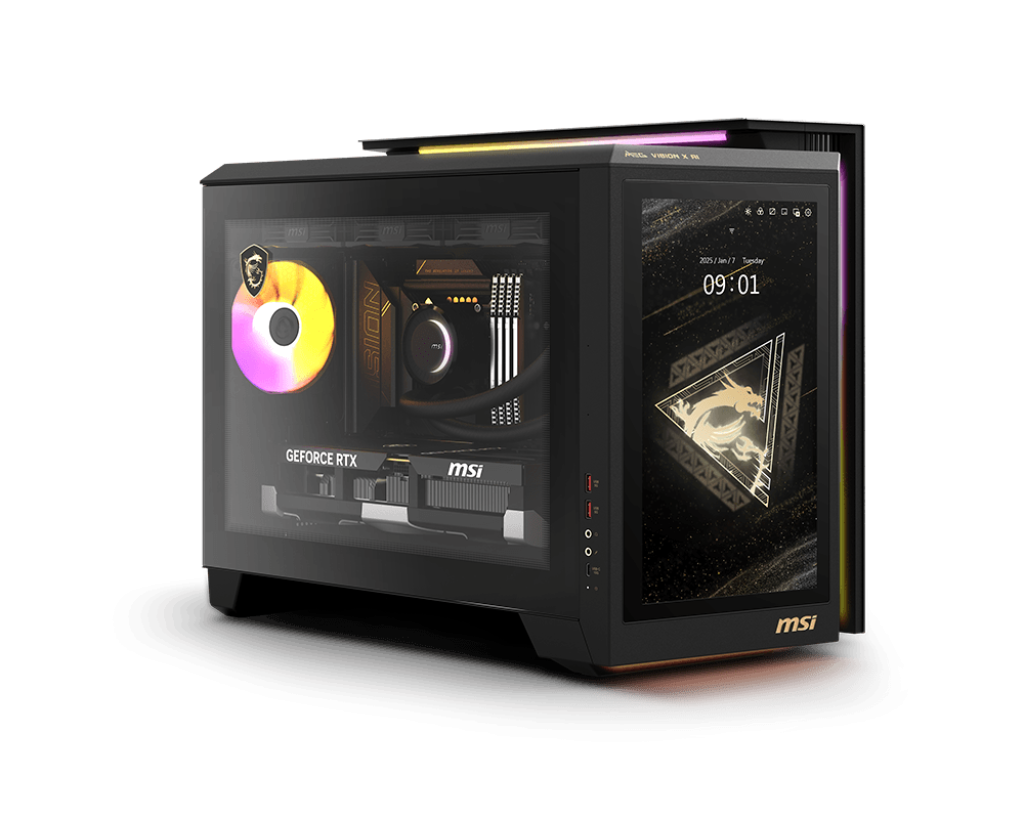 MSI PC met glazen zijkant, RGB ventilator, RTX GPU en display aan de voorzijde met tijd.