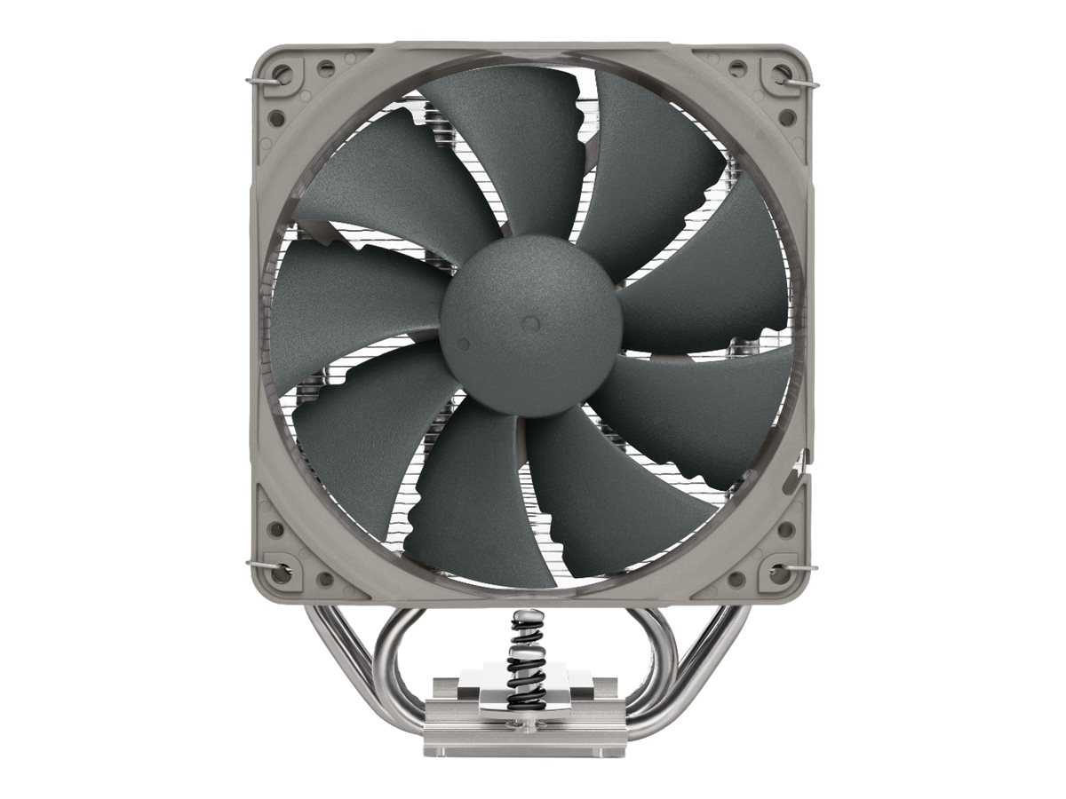 Ein grauer CPU-Lüfter mit neun Lamellen auf einem weißen Hintergrund.