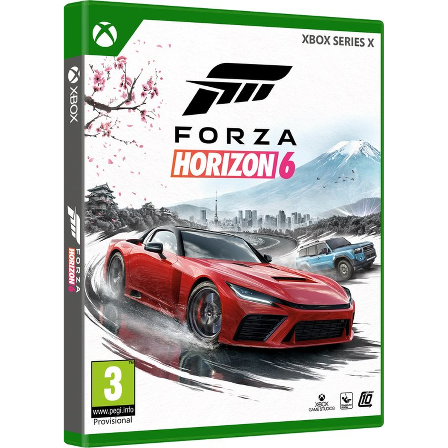 Xbox gamecover "Forza Horizon 6": Rode auto, blauwe SUV, berg, kersenbloesems.