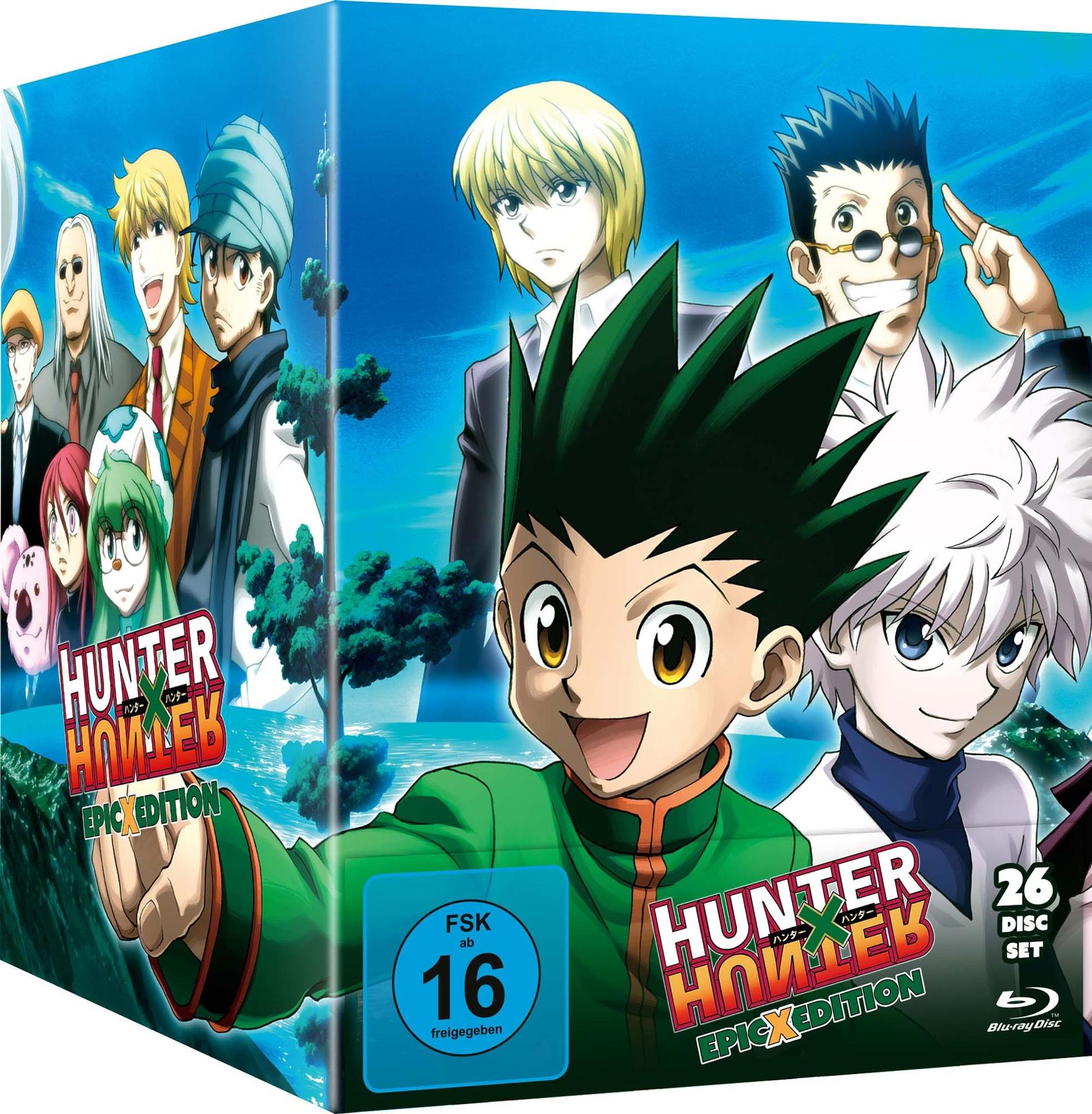 Anime-Charaktere mit Gon und Killua im Vordergrund, Hunter x Hunter Logo.