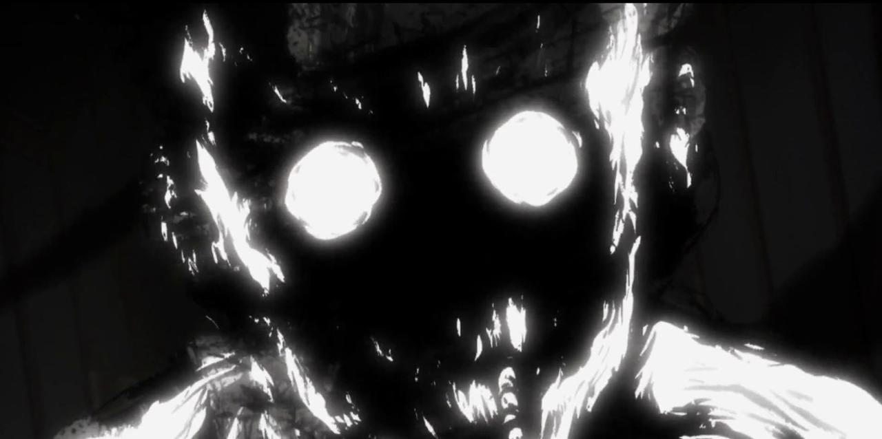 Ein gruseliges, schwarz-weißes Anime-Gesicht mit leuchtenden Augen.