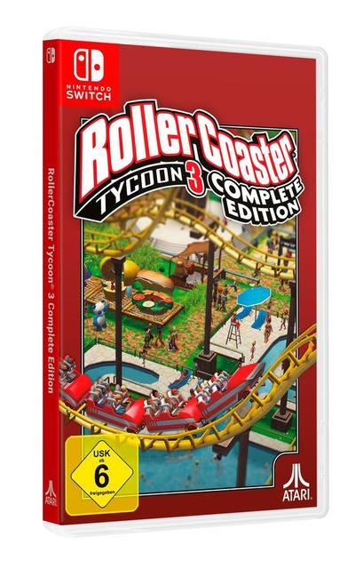 Nintendo Switch Spielhülle: RollerCoaster Tycoon 3, bunter Freizeitpark mit Achterbahn.