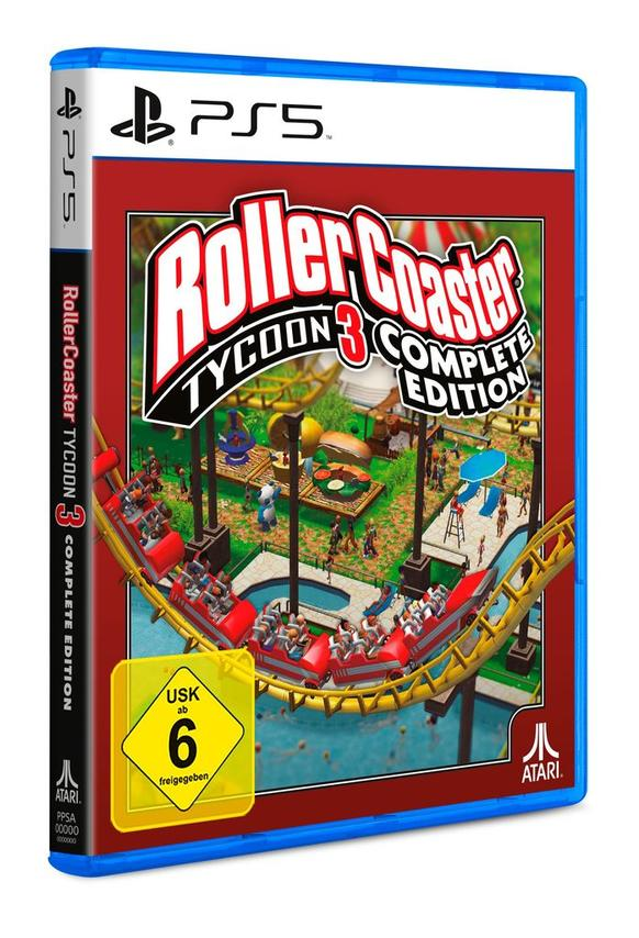 PS5-Spielhülle: RollerCoaster Tycoon 3 Complete Edition mit Achterbahn und Parkbesuchern.