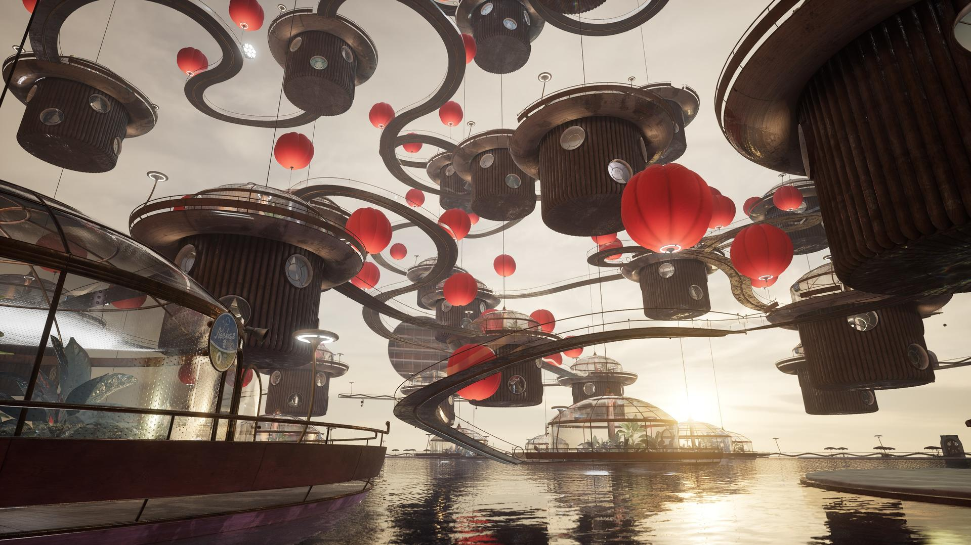Futuristische Stadt mit runden Gebäuden, roten Laternen und Wasser.