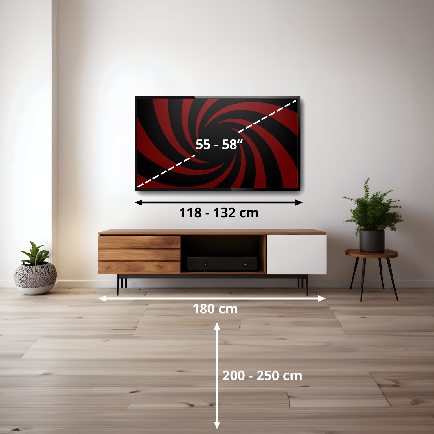 Un televisor de 55-58 pulgadas sobre un mueble de TV de madera con medidas.