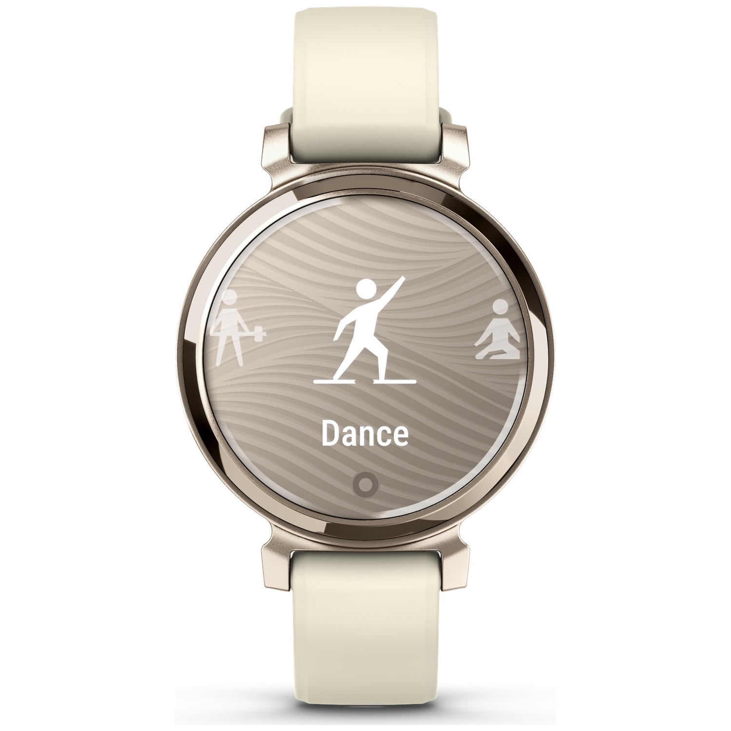 Smartwatch toont dansactiviteit met pictogrammen en tekst 'Dans'.