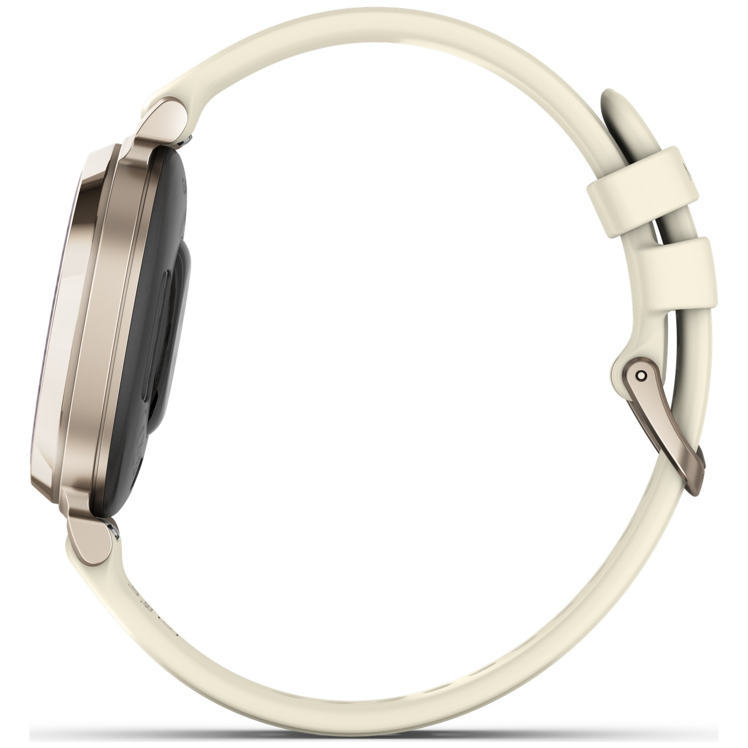 Een goudkleurig smartwatch met wit bandje, van de zijkant gezien.