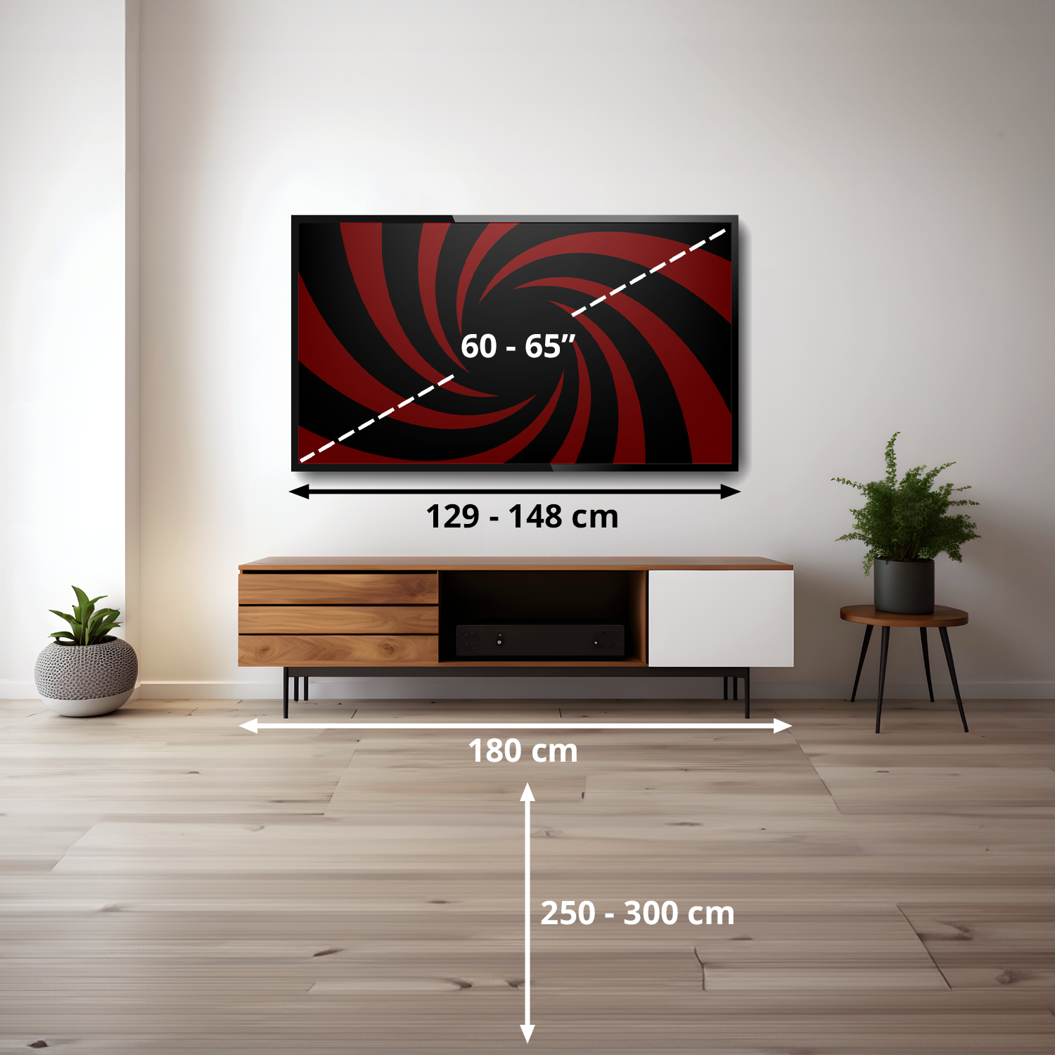 Un mueble de TV moderno con un televisor que muestra información de tamaño.