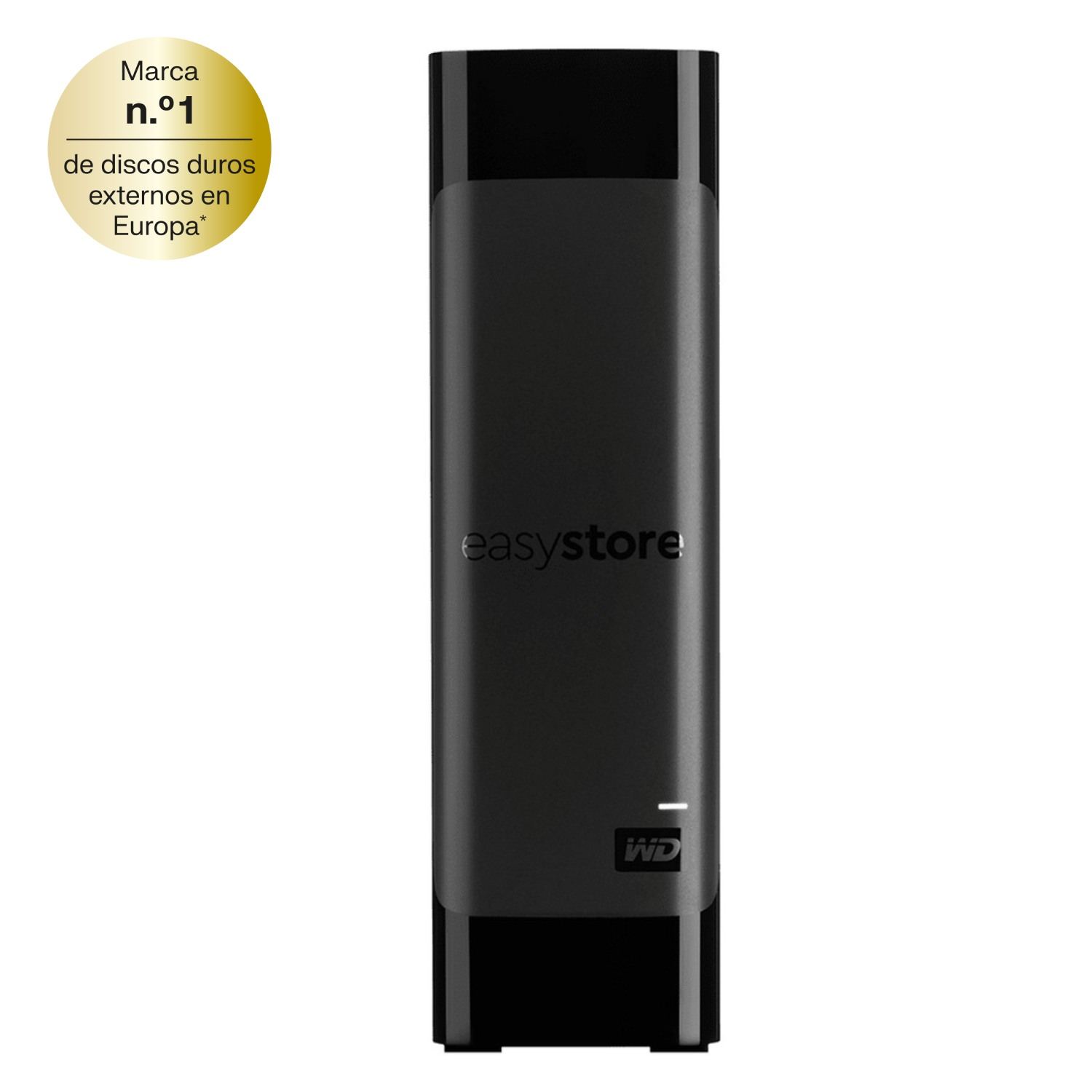 Un disco duro de escritorio wd easystore con una insignia que dice marca numero uno de discos duros externos en Europa
