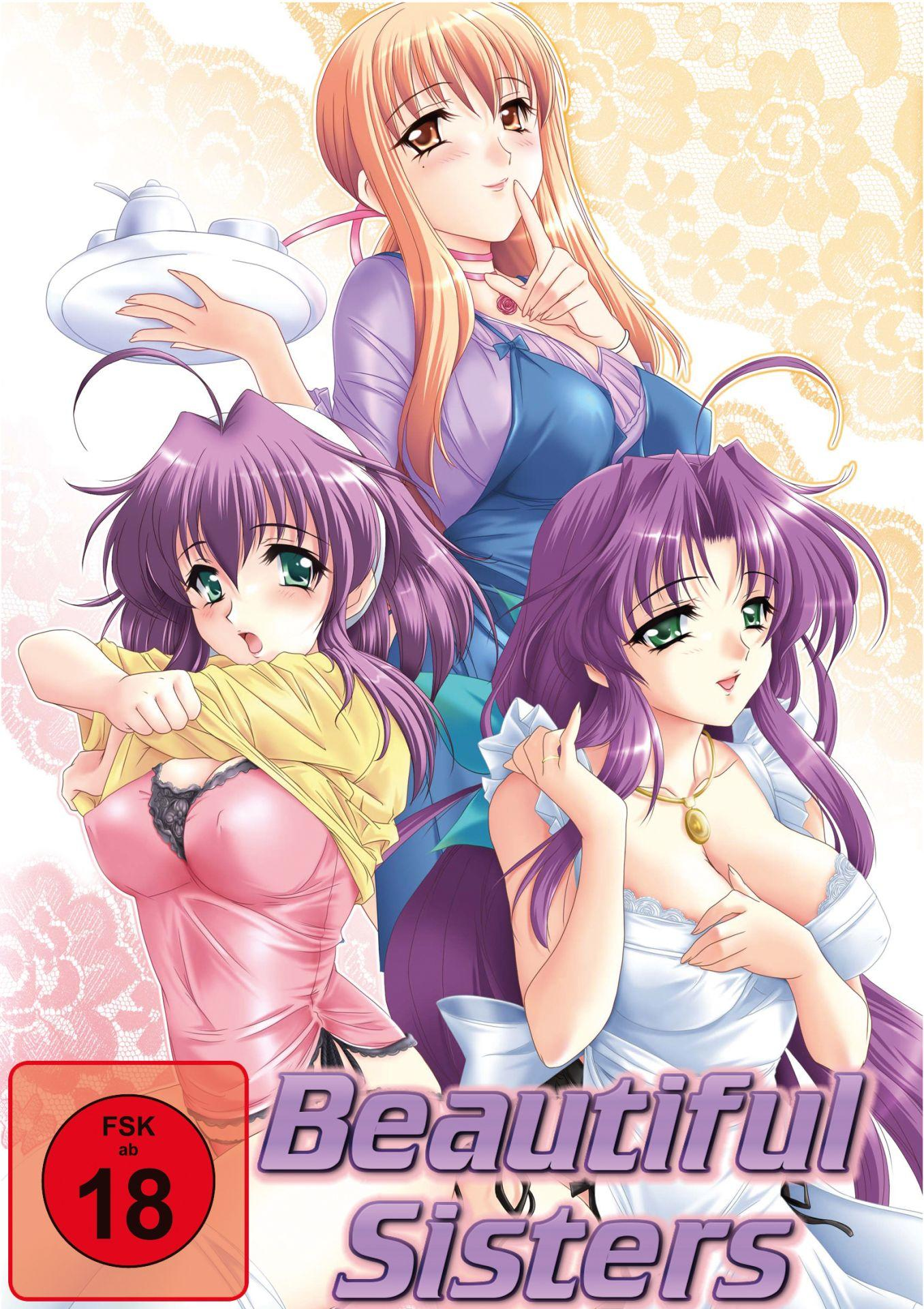 Drei Anime-Schwestern mit lila und orangefarbenen Haaren auf einem cremefarbenen Hintergrund.