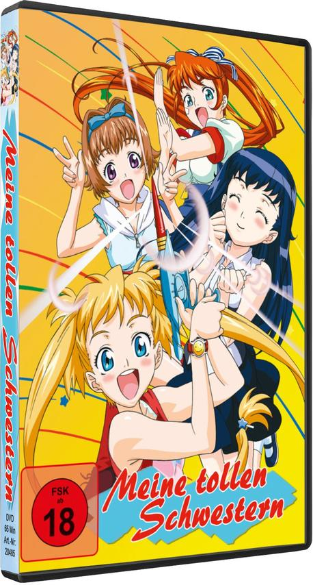 Vier Anime-Mädchen mit bunten Haaren lachen und winken vor einem gelben Hintergrund.