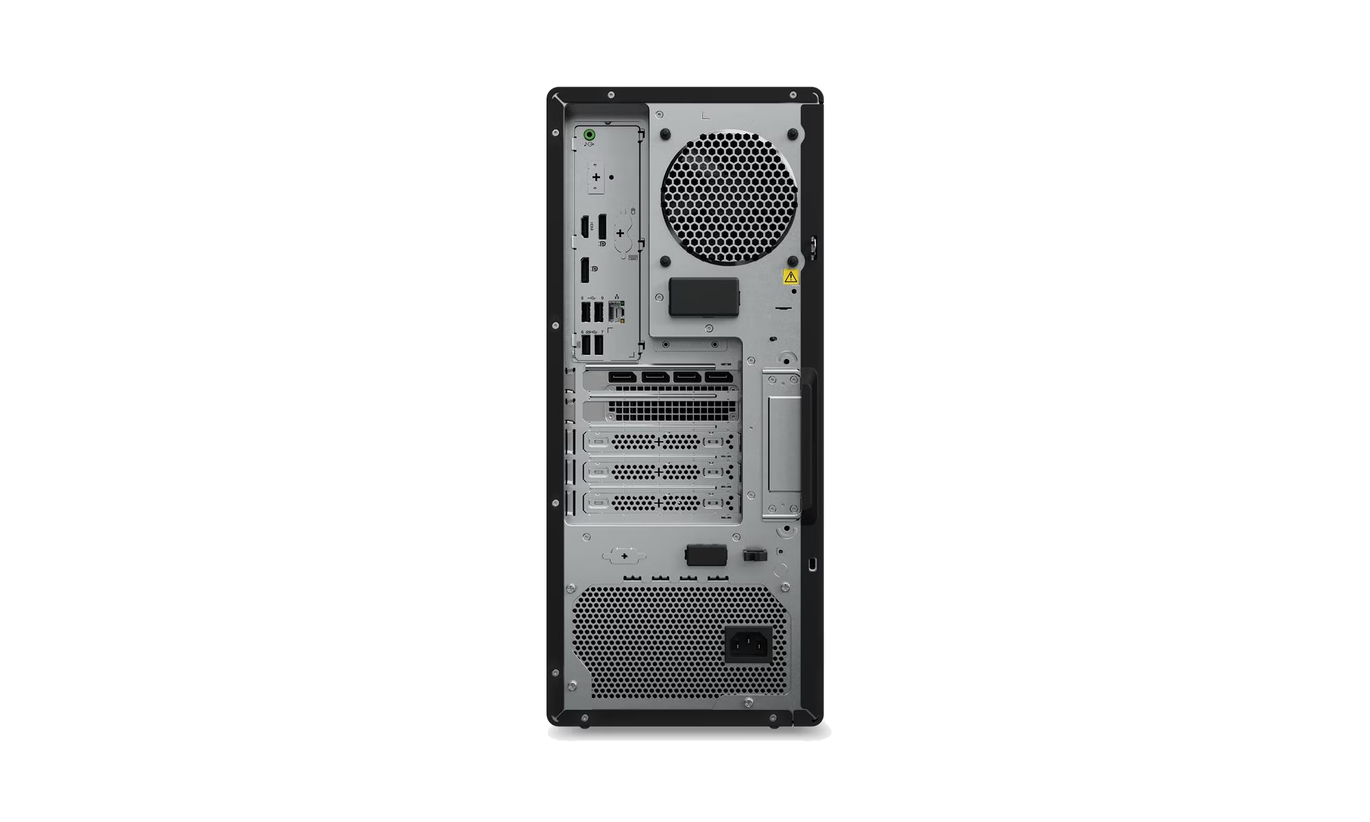 Parte trasera de un PC negro con muchos puertos y rejillas de ventilación.