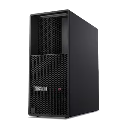 Torre de PC ThinkStation negra con frontal de rejilla de panal y ranuras de ventilación.