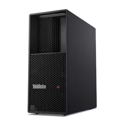 Una torre de ordenador ThinkStation negra con panel frontal de panal y rejillas de ventilación.