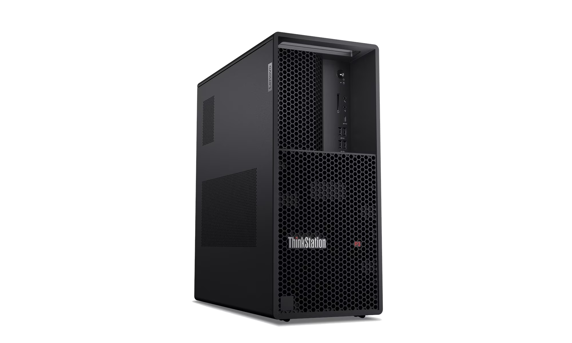 PC torre Lenovo ThinkStation P3 negro con rejillas y puertos.