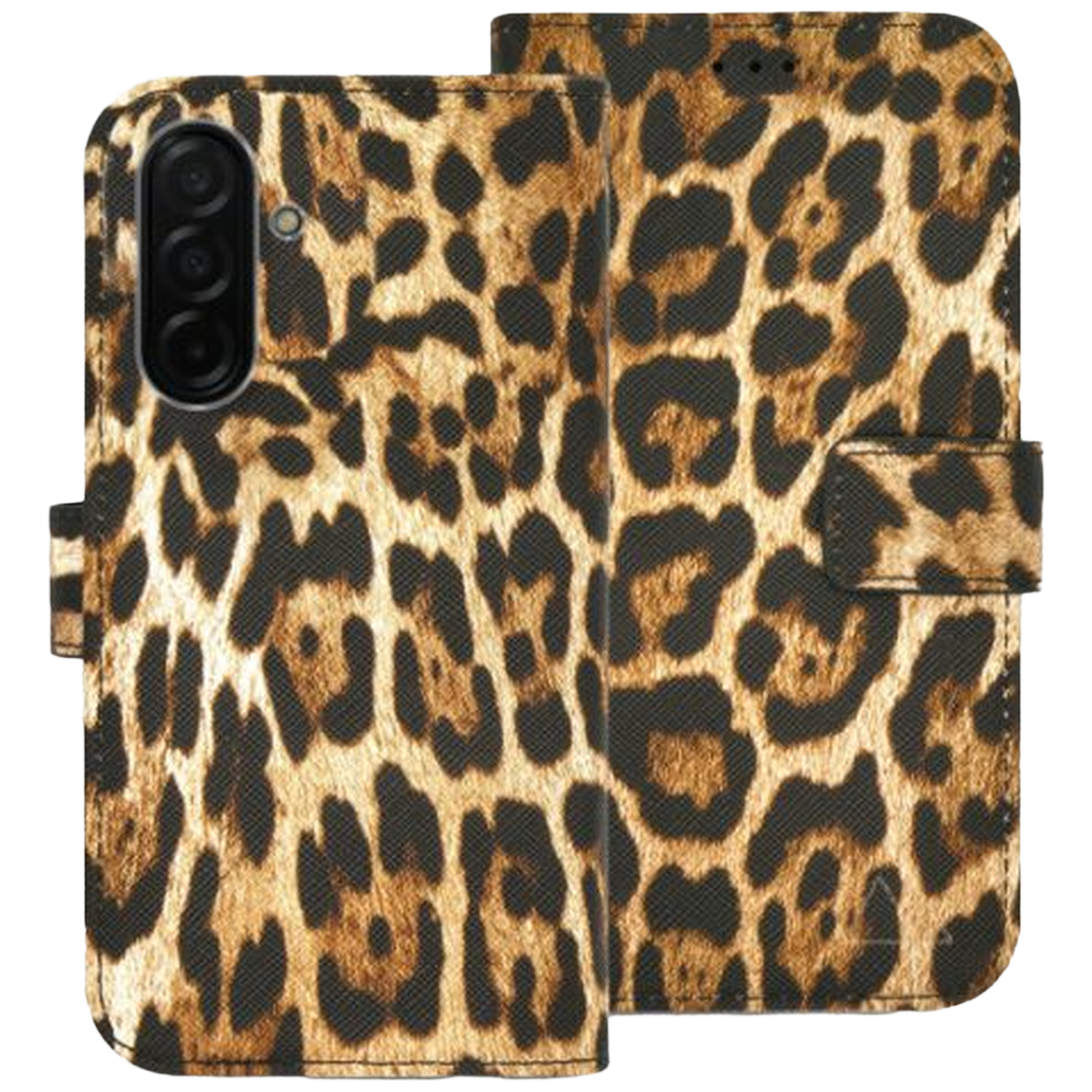 Leopardprint telefoonhoes met cameramodule en klepdeksel.