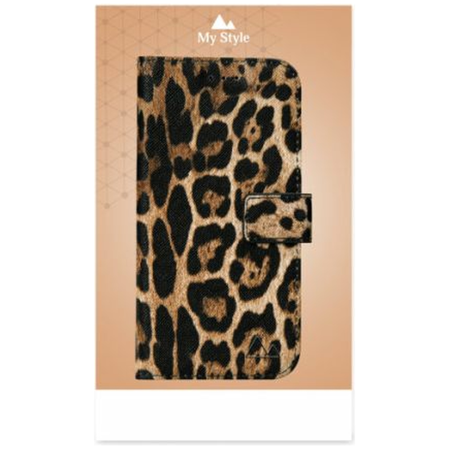 Bruine telefoonhoes met luipaardprint en drukknoopsluiting.