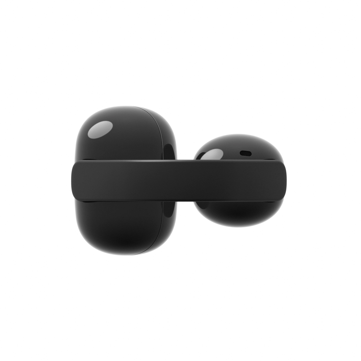 Auriculares inalámbricos negros con estuche de carga, vistos desde arriba.