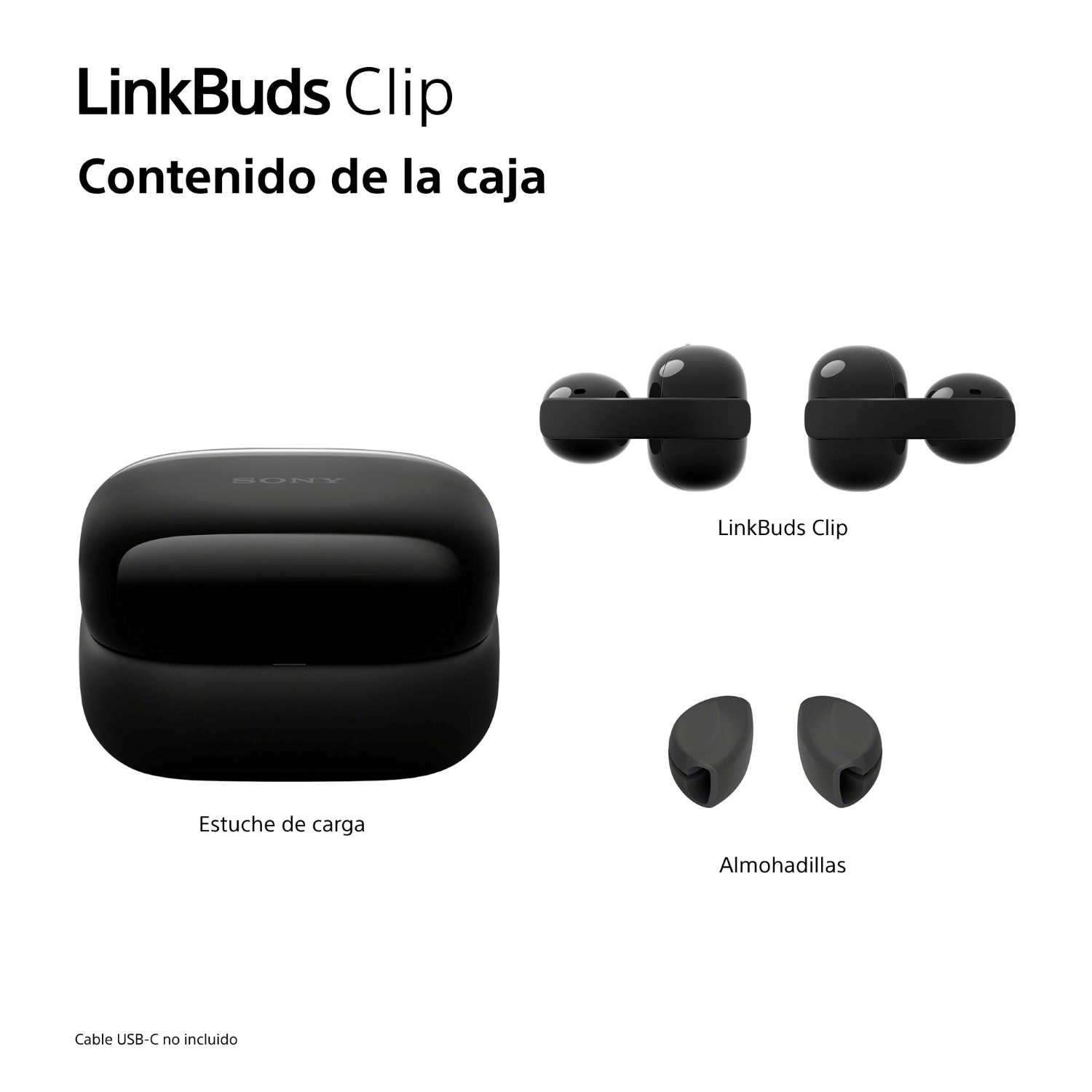 Funda de carga negra y dos auriculares LinkBuds Clip con almohadillas.
