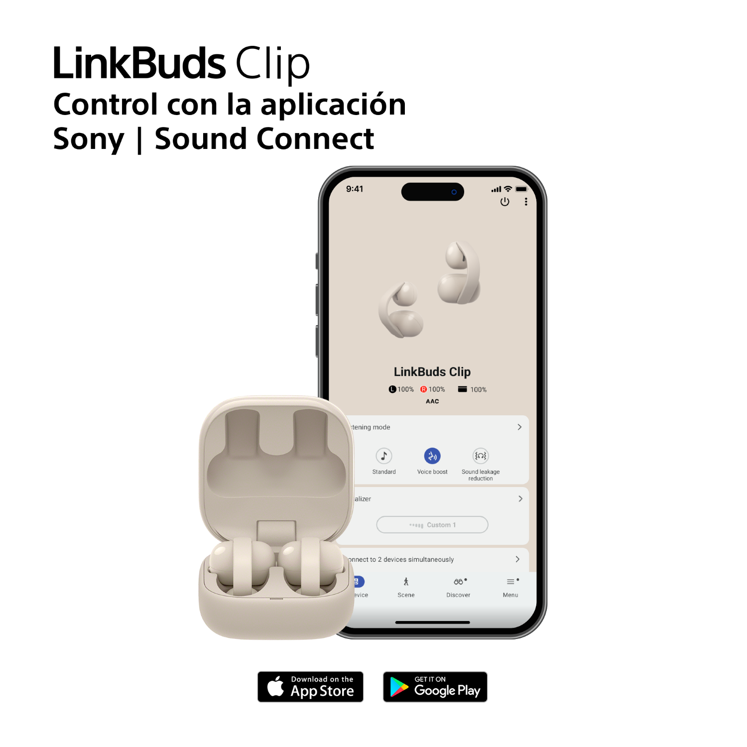 Auriculares LinkBuds Clip y estuche de carga junto a un smartphone con la app.