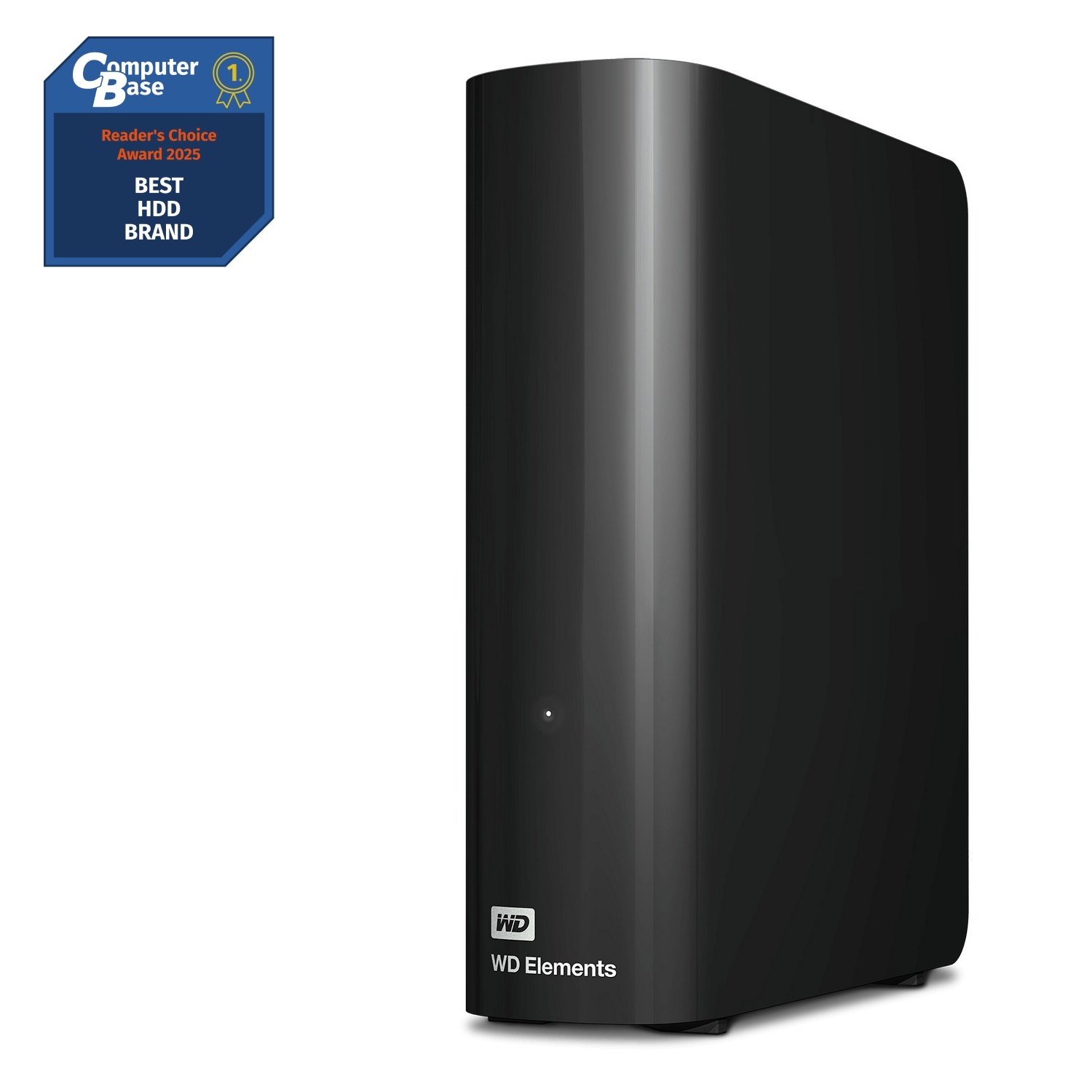 Un disco duro desktop wd con una insignia de premio que dice Computer Base numero uno Reader's Choice Award 2025 Best HDD Brand