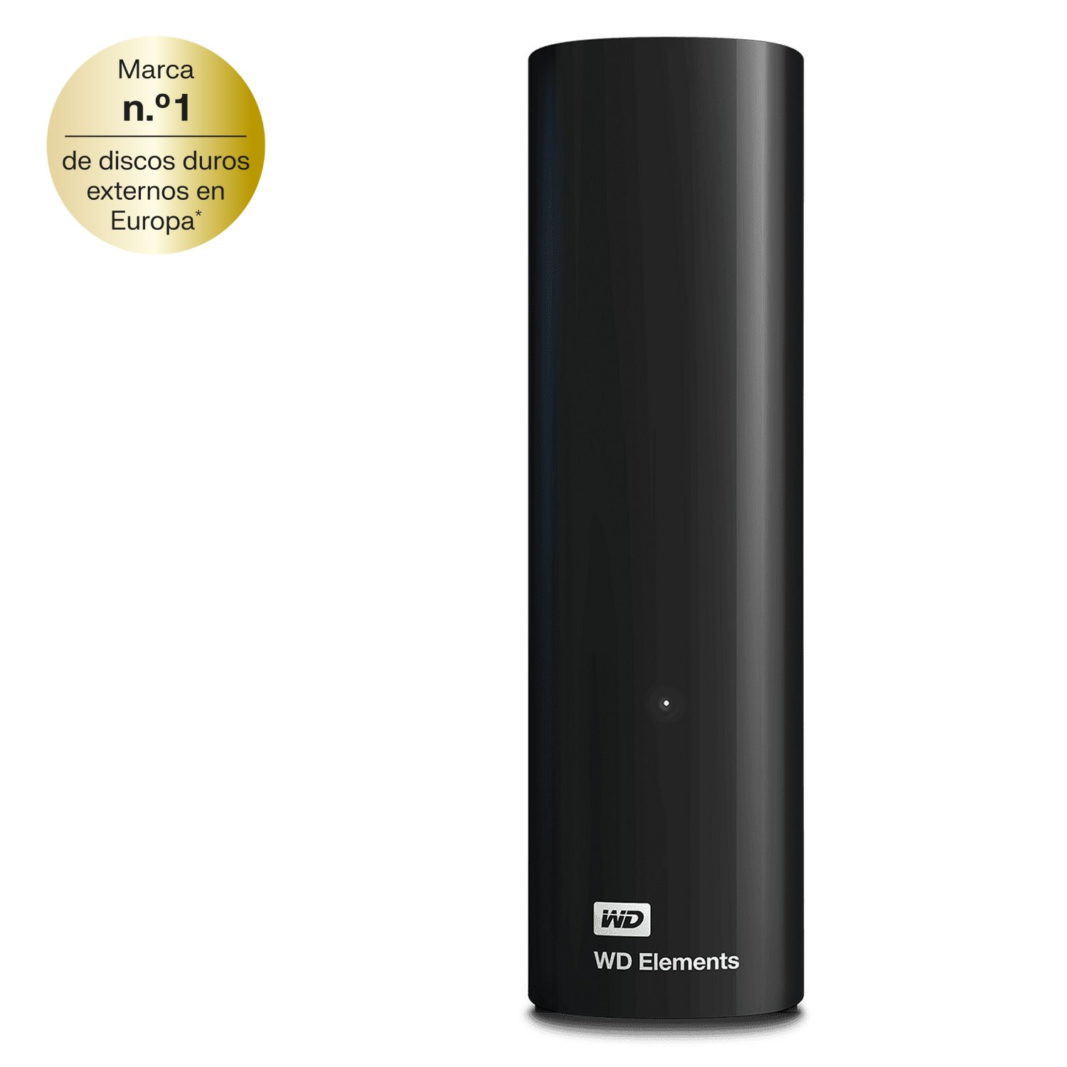 Un disco duro externo elements wd con una insignia que dice marca numero uno de discos duros externos en Europa