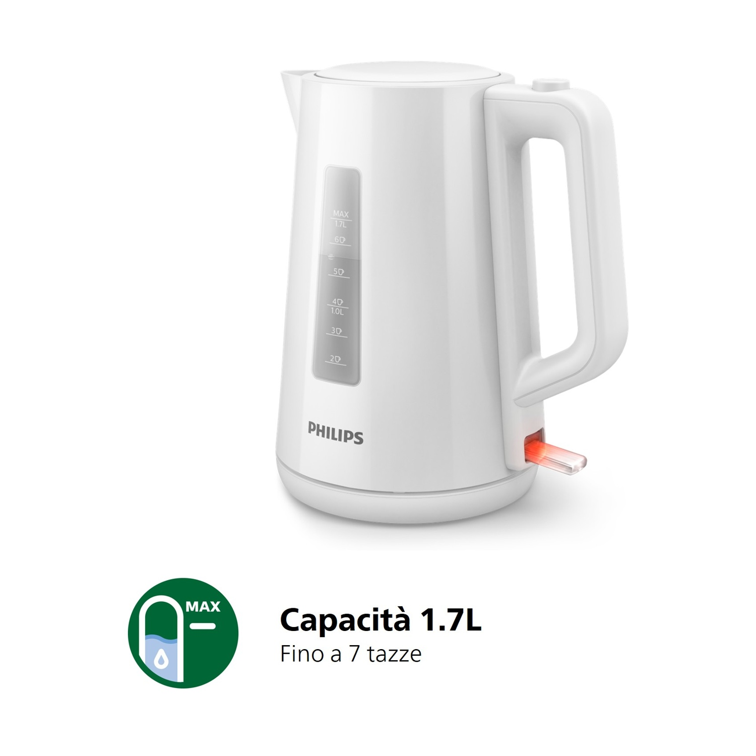 Un bollitore elettrico bianco da 1,7L con indicatore di accensione rosso.