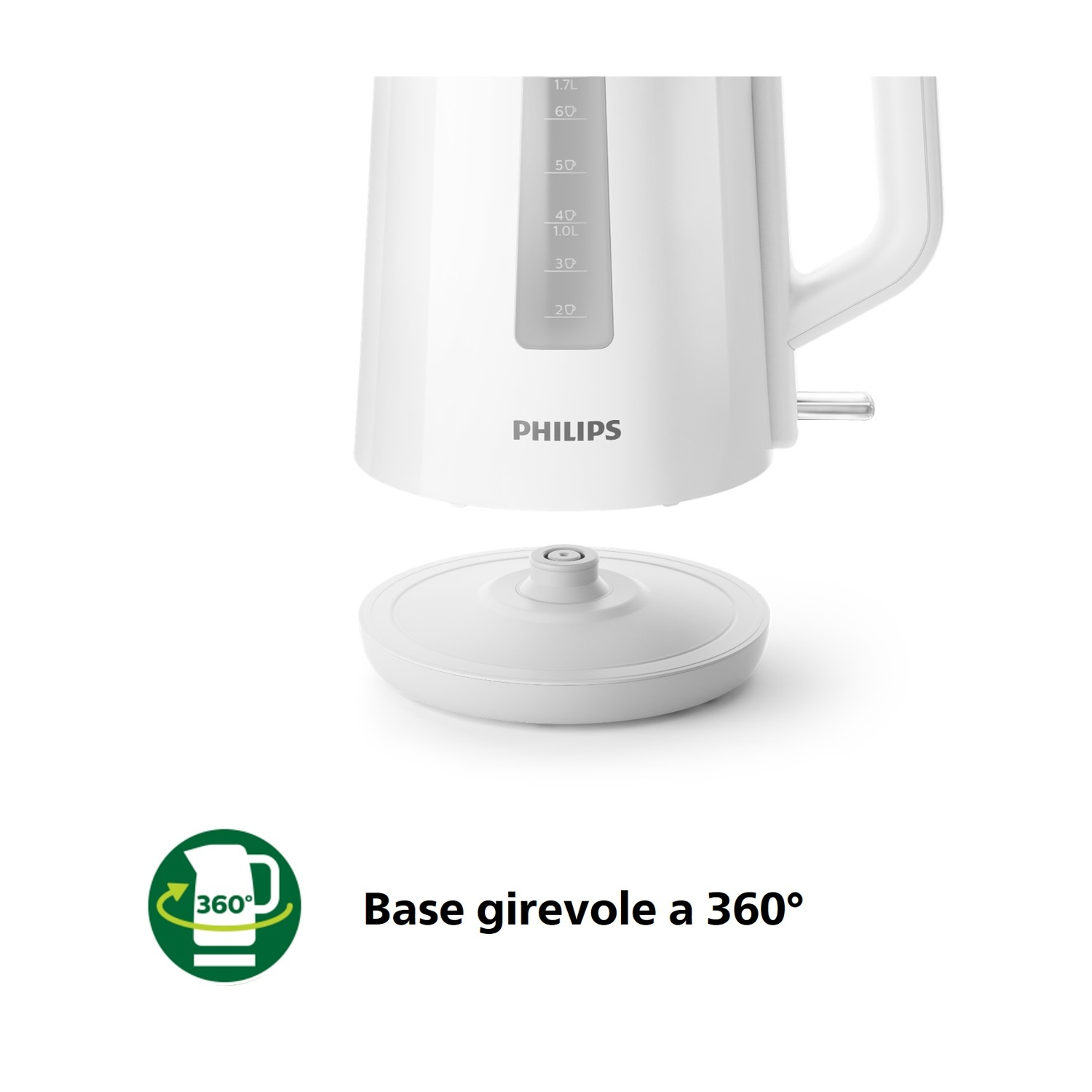 Bollitore bianco con base girevole a 360° e indicatore livello.