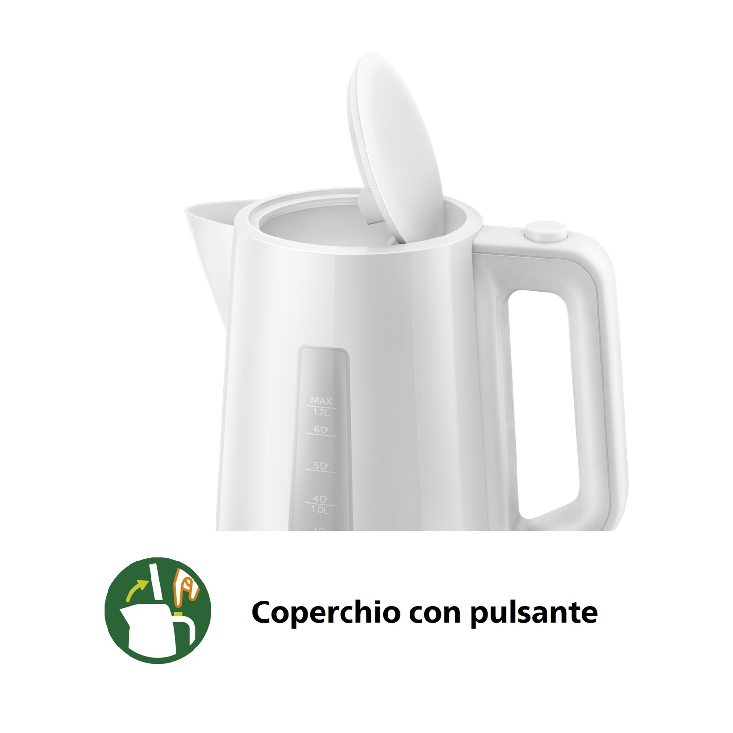 Bollitore bianco con coperchio aperto e indicatore livello acqua.
