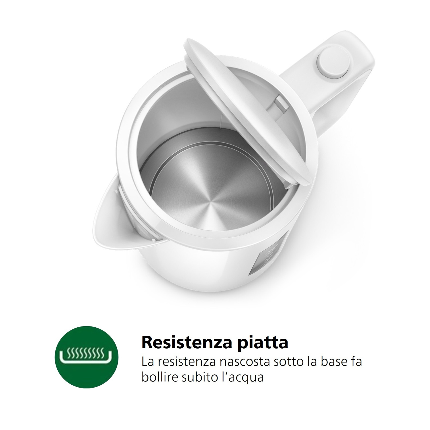 Bollitore elettrico bianco con coperchio aperto, interno in metallo. Resistenza piatta.
