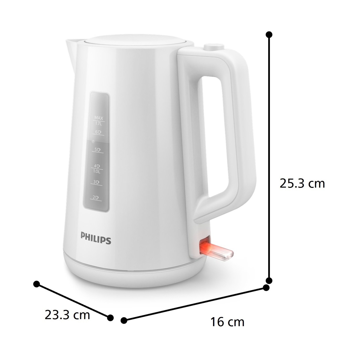 Bollitore bianco con dimensioni. A: 25,3 cm, L: 16 cm, P: 23,3 cm.