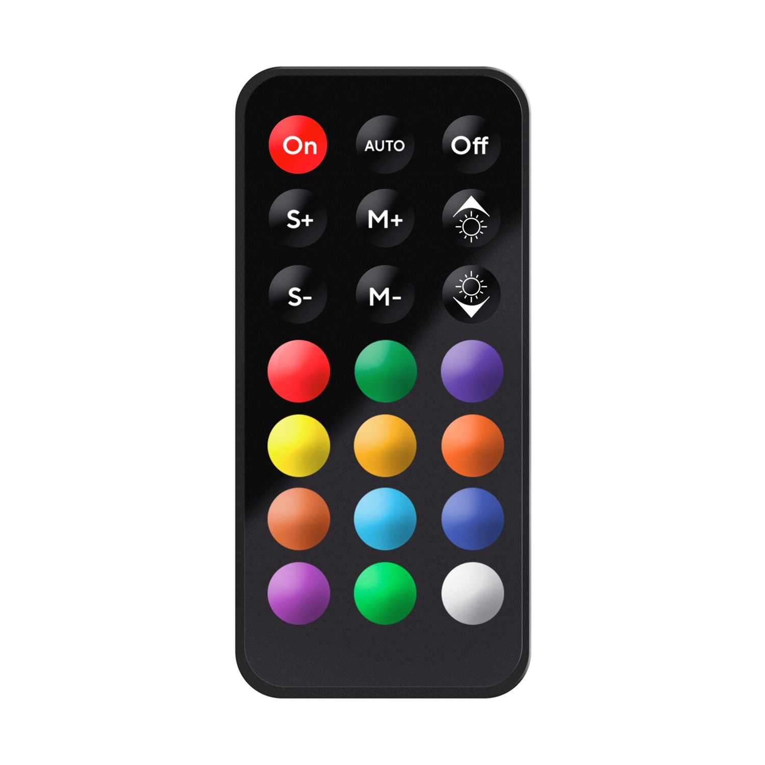 Un telecomando nero con pulsanti ed etichette colorate.
