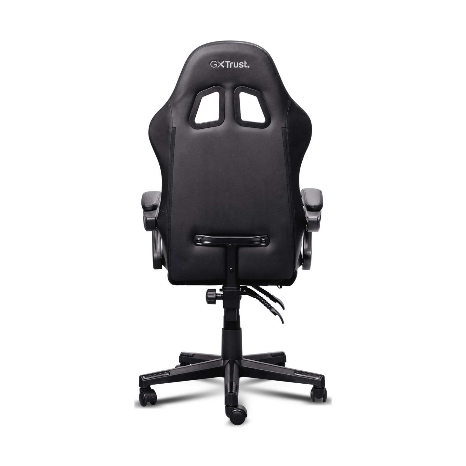Sedia da gaming nera con schienale e base a rotelle.