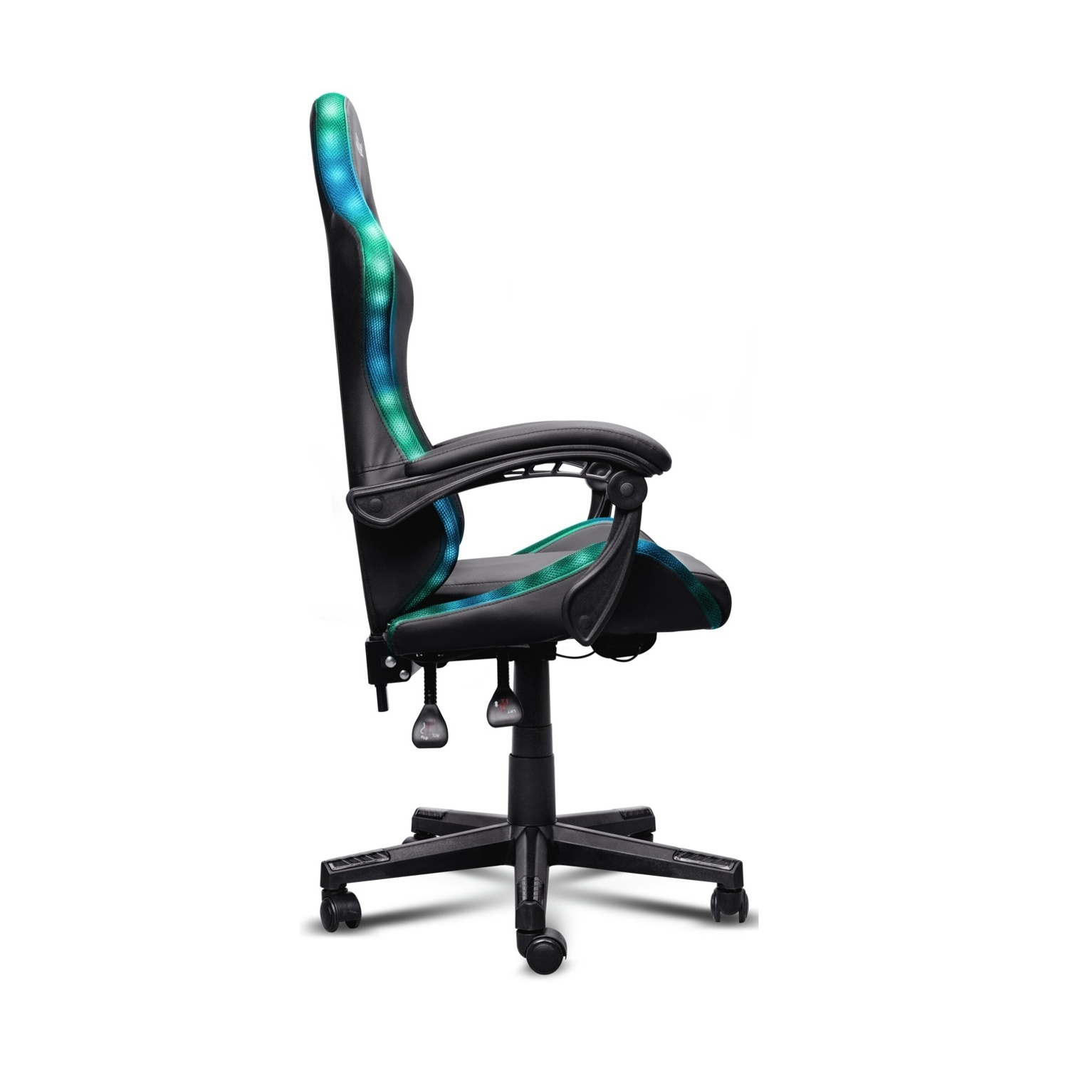 Sedia da ufficio nera con accenti LED blu-verdi, vista di profilo.
