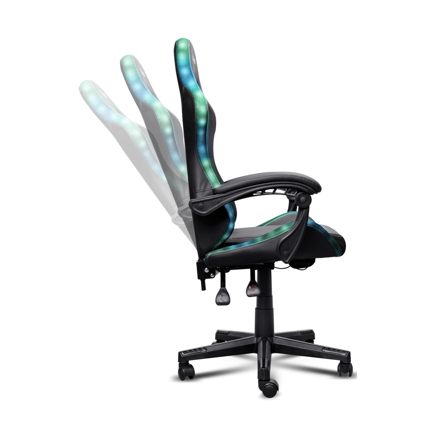 Una sedia da gaming nera con accenti verdi e blu luminosi sullo schienale.