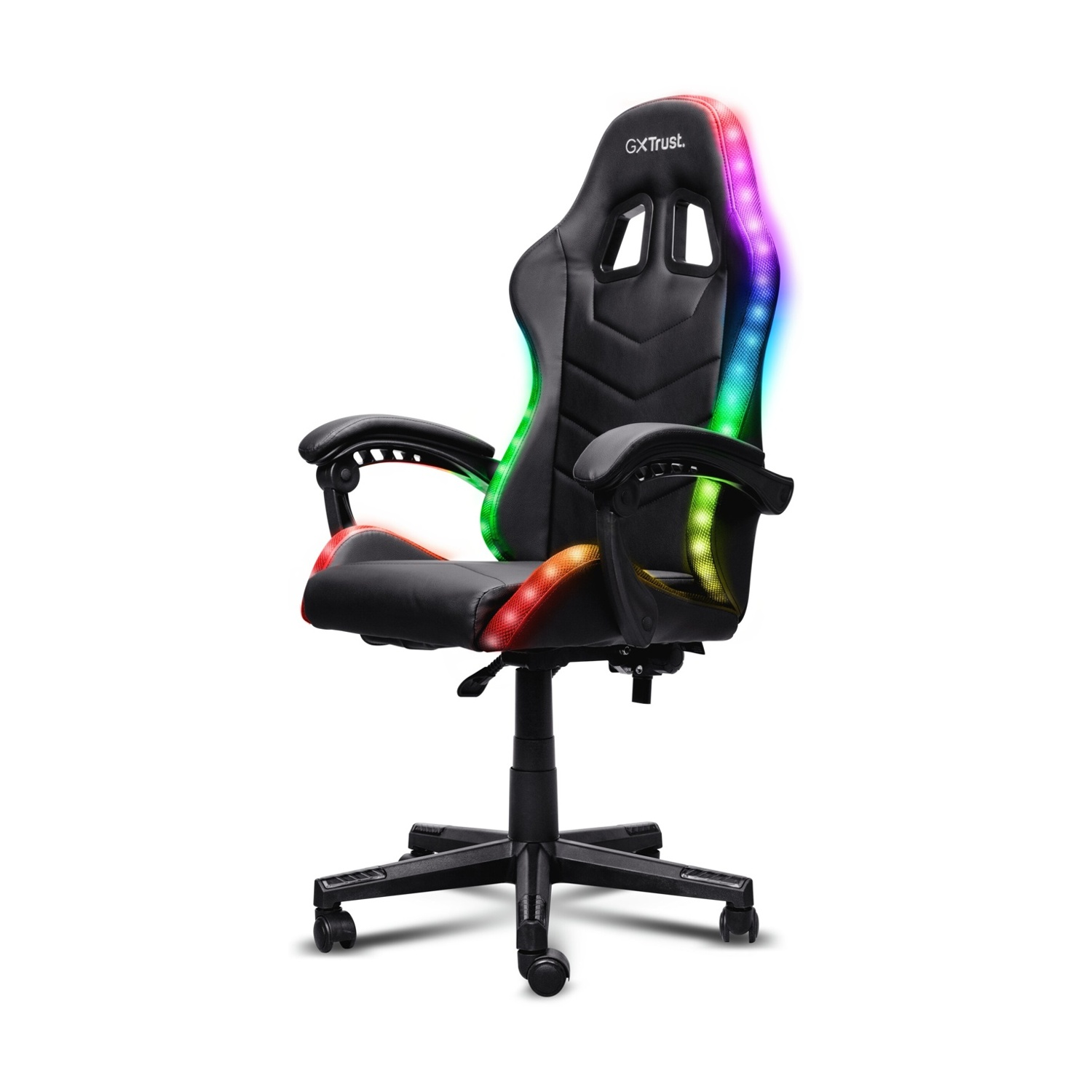 Sedia da gaming nera con luci LED colorate su schienale e braccioli.