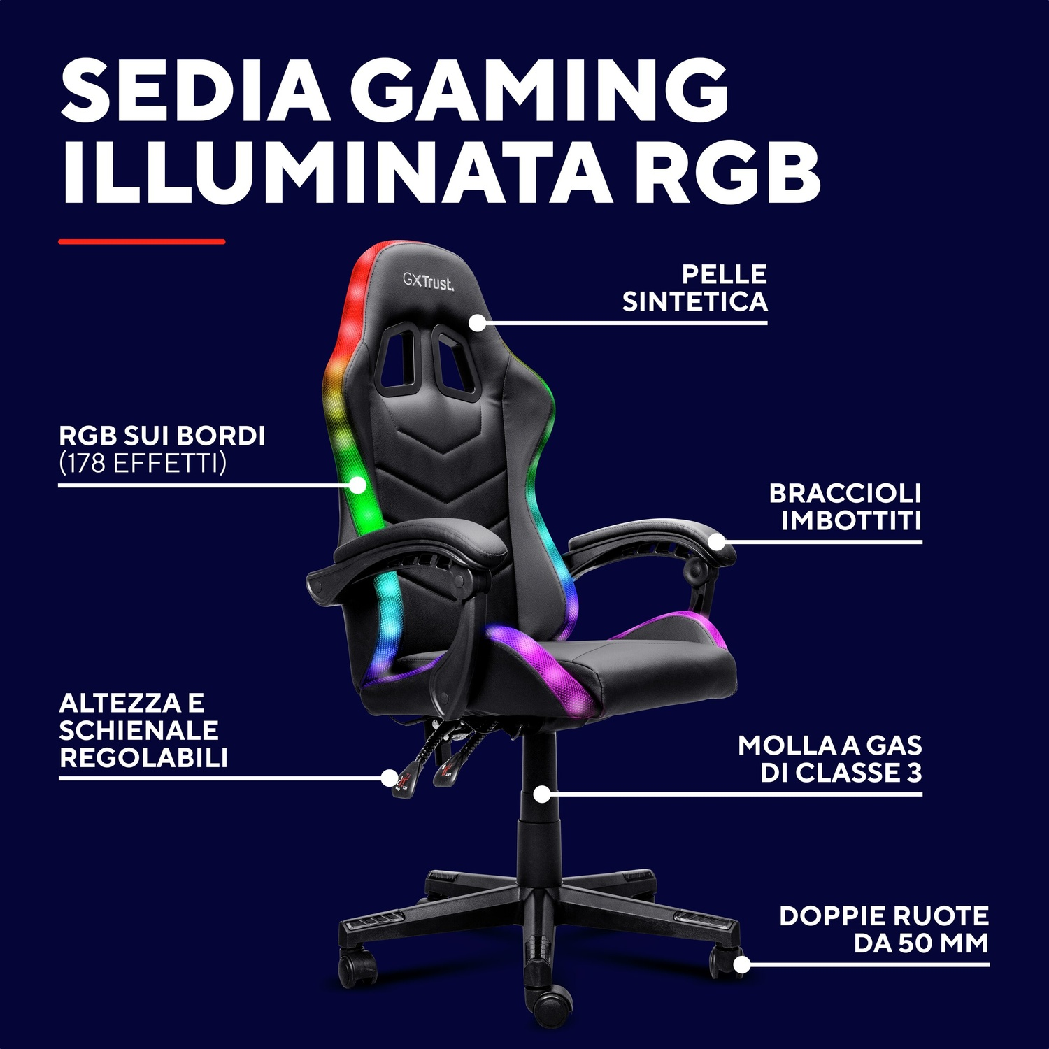 Sedia gaming nera con illuminazione RGB, ecopelle, altezza e schienale regolabili.