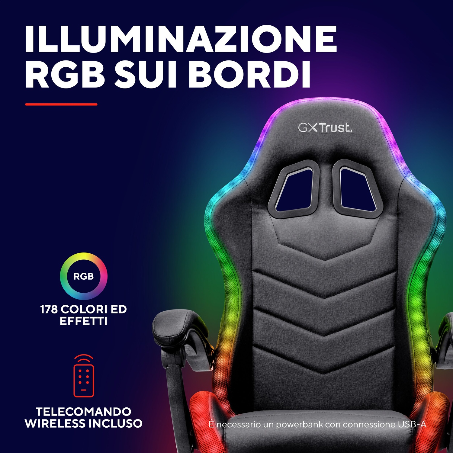 Sedia gaming nera con illuminazione RGB sui bordi. Telecomando incluso.